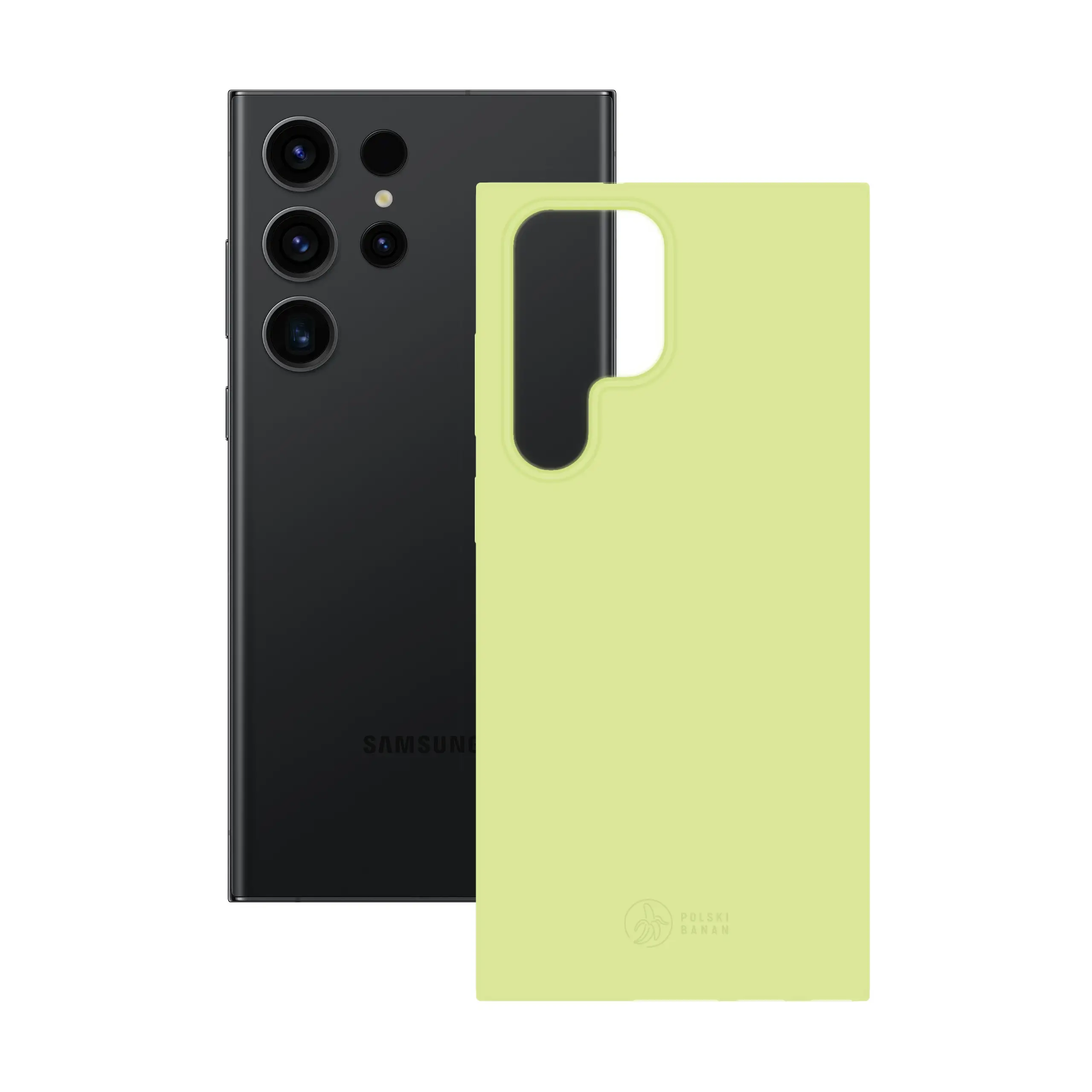 Etui silikonowe matowe pistacjowe Polski Banan obok telefonu Samsung Galaxy S23 Ultra