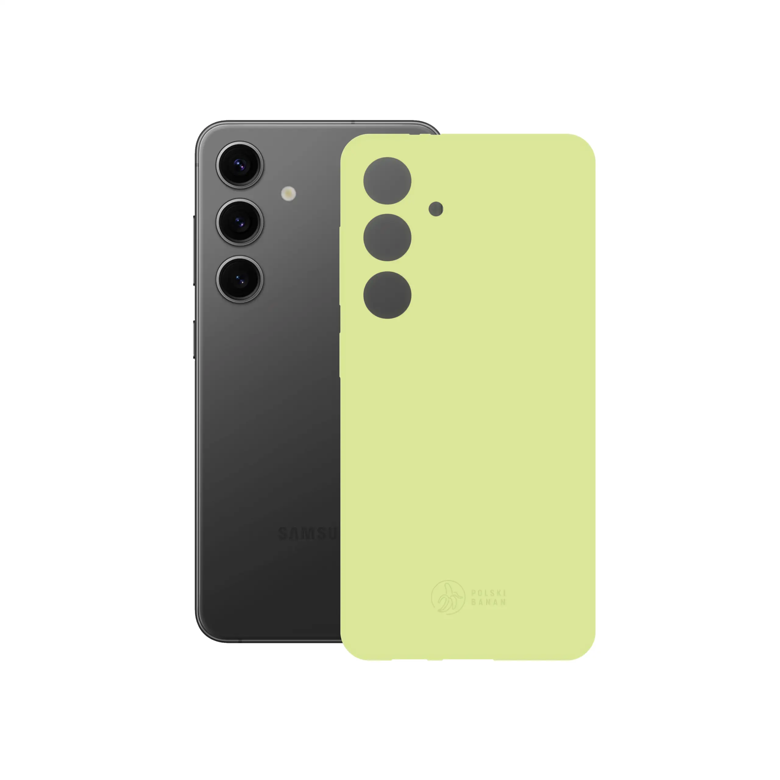 Etui silikonowe matowe pistacjowe Polski Banan obok telefonu Samsung Galaxy S24