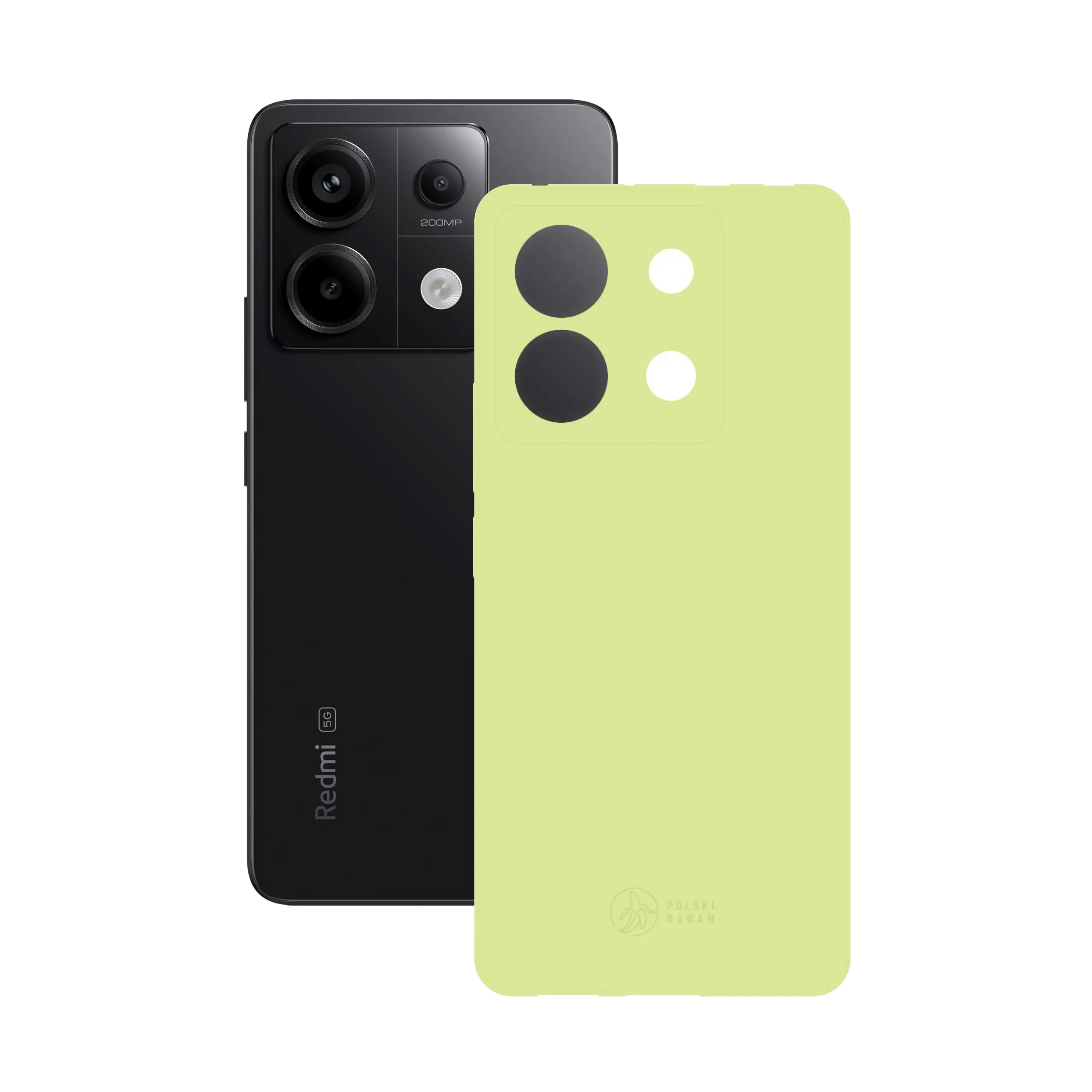 Etui silikonowe matowe pistacjowe Polski Banan obok telefonu Xiaomi Redmi Note 13 Pro 5G