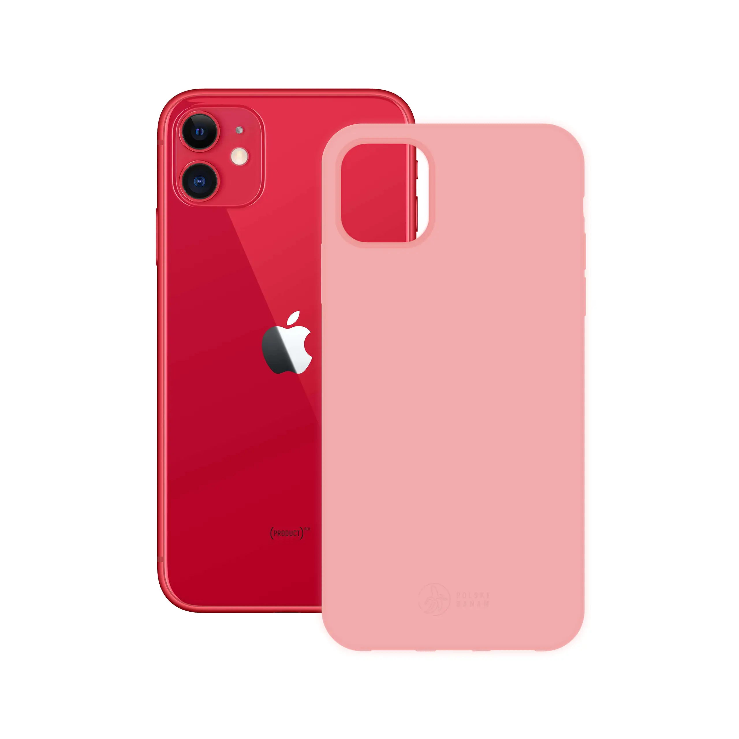 Etui silikonowe matowe różowe Polski Banan obok telefonu Apple iPhone 11