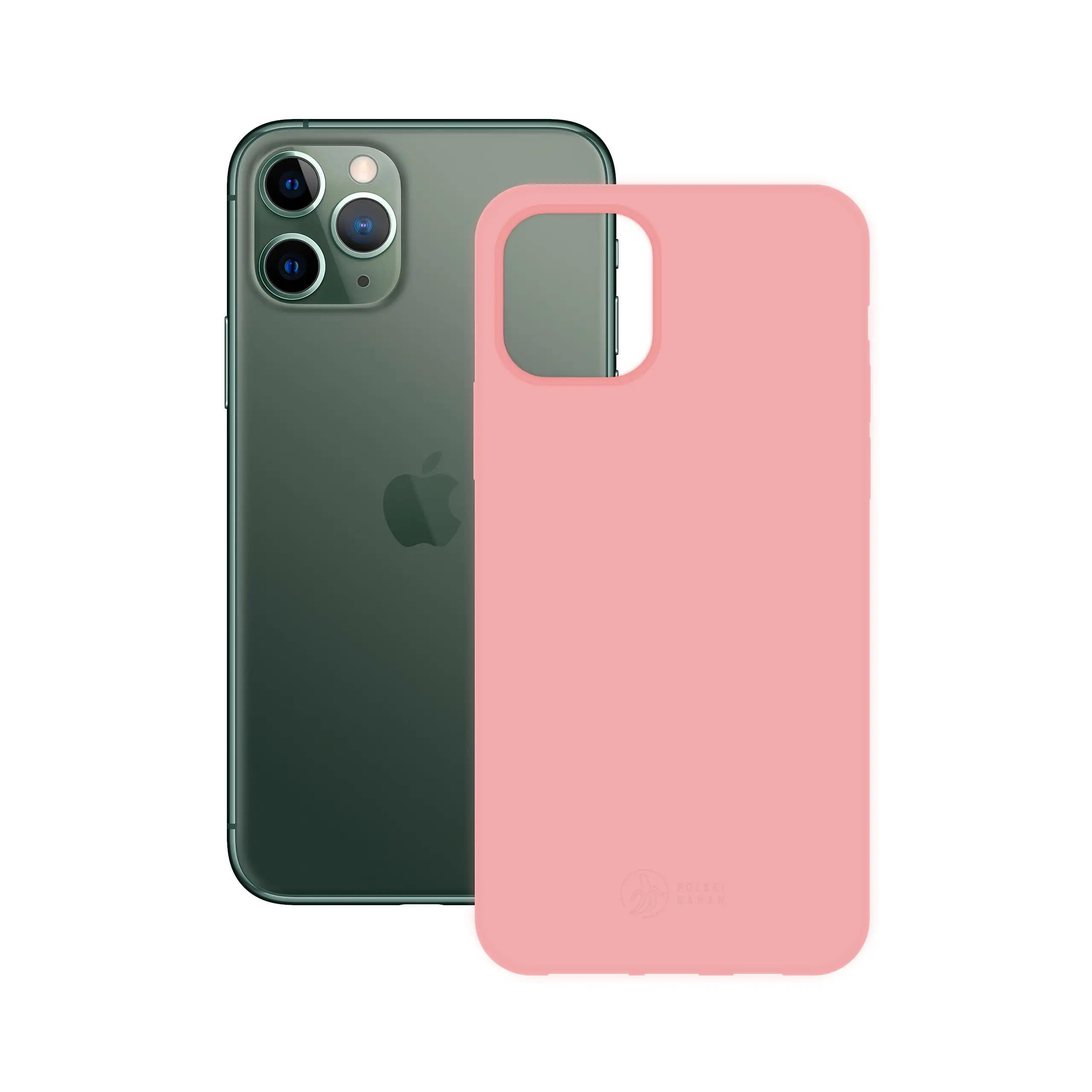 Etui silikonowe matowe różowe Polski Banan obok telefonu Apple iPhone 11 Pro Max
