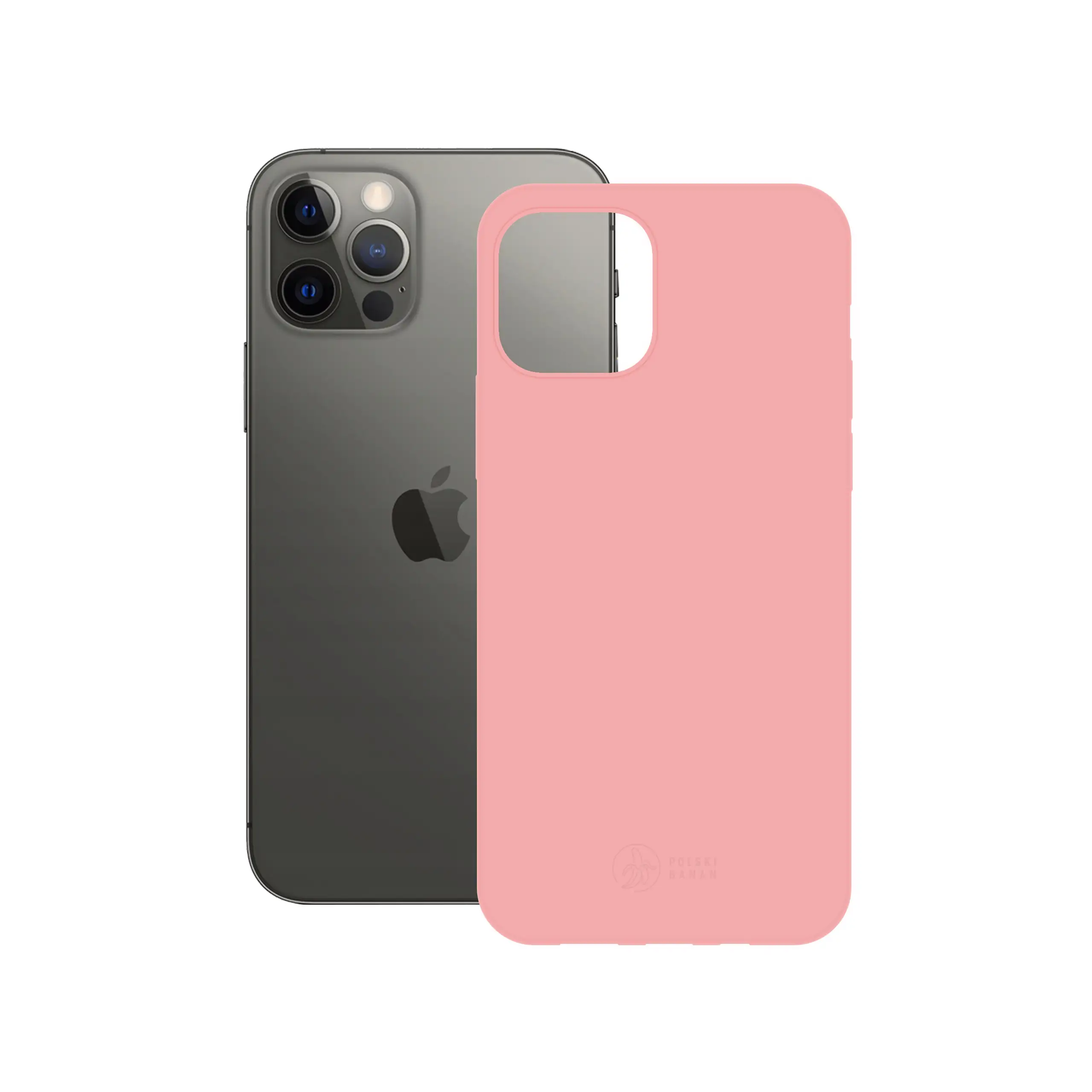 Etui silikonowe matowe różowe Polski Banan obok telefonu Apple iPhone 12 / 12 Pro