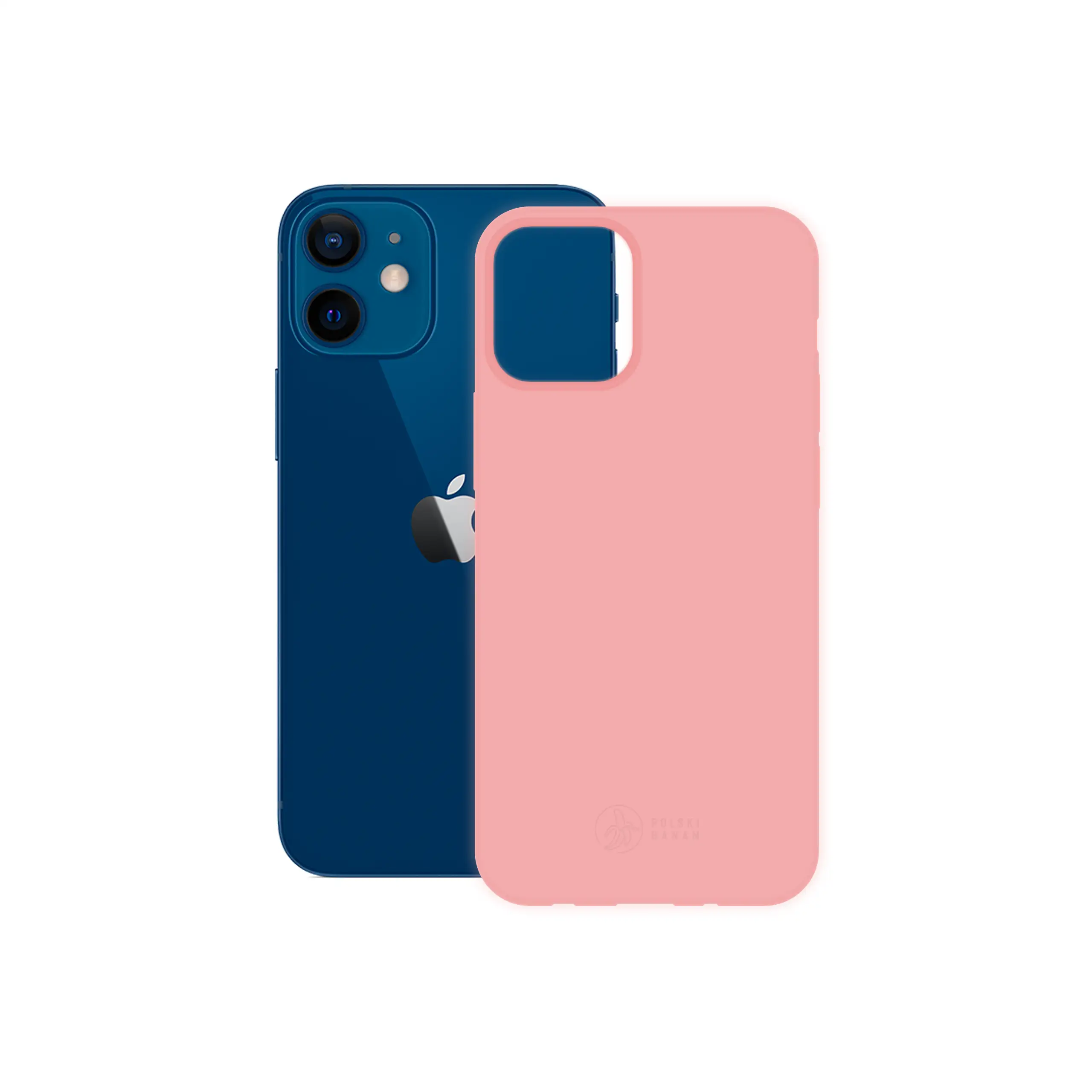 Etui silikonowe matowe różowe Polski Banan obok telefonu Apple iPhone 12 mini