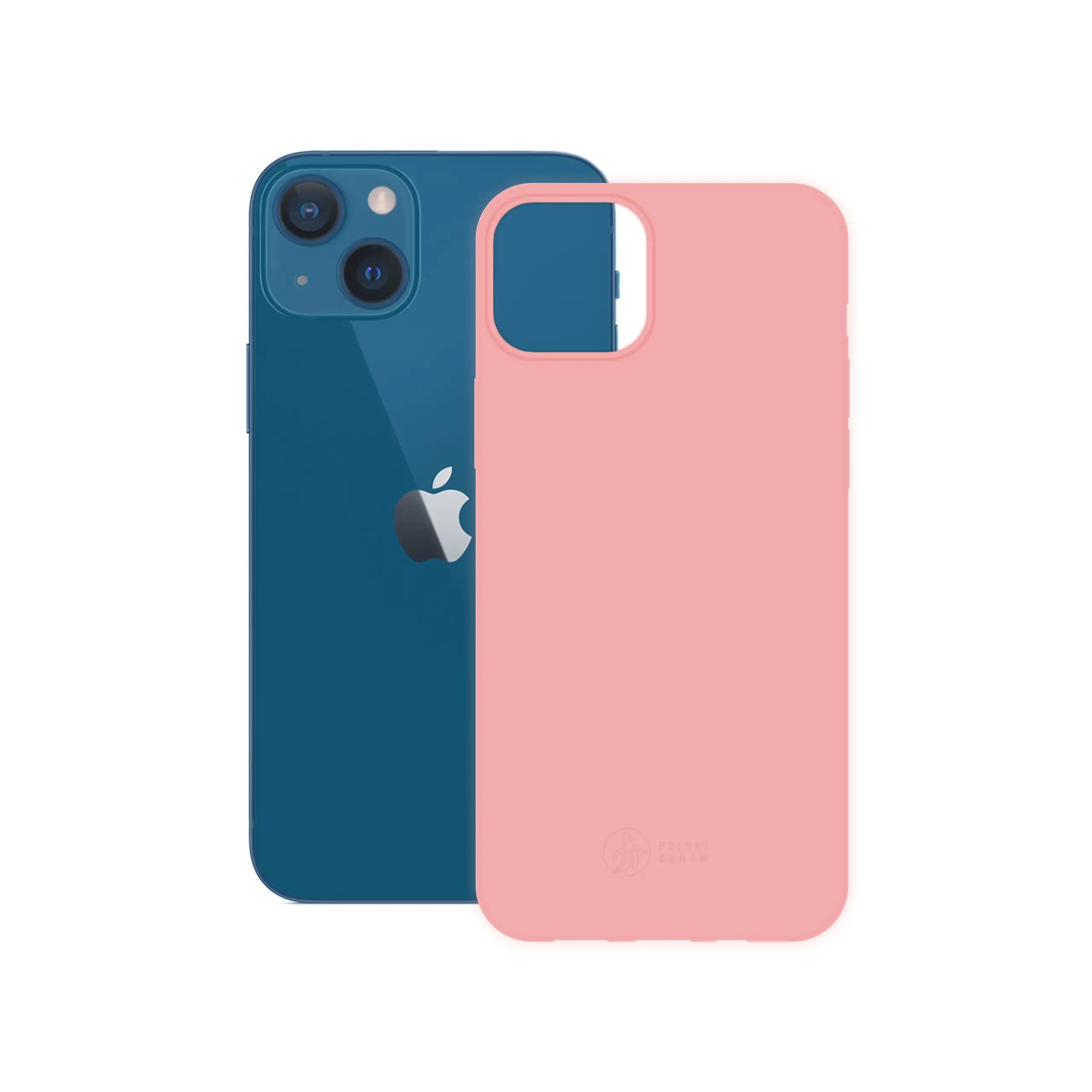 Etui silikonowe matowe różowe Polski Banan obok telefonu Apple iPhone 13