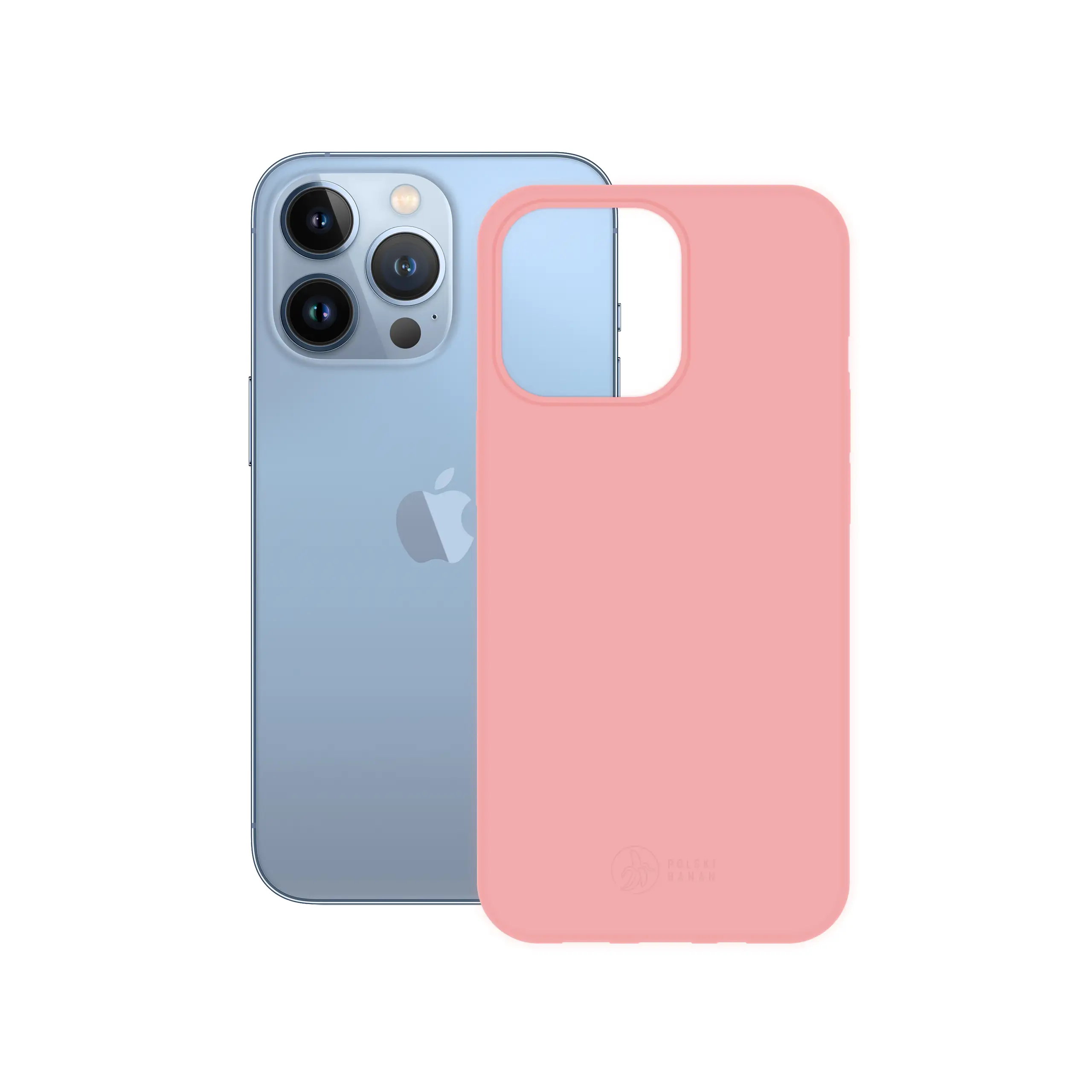 Etui silikonowe matowe różowe Polski Banan obok telefonu Apple iPhone 13 Pro