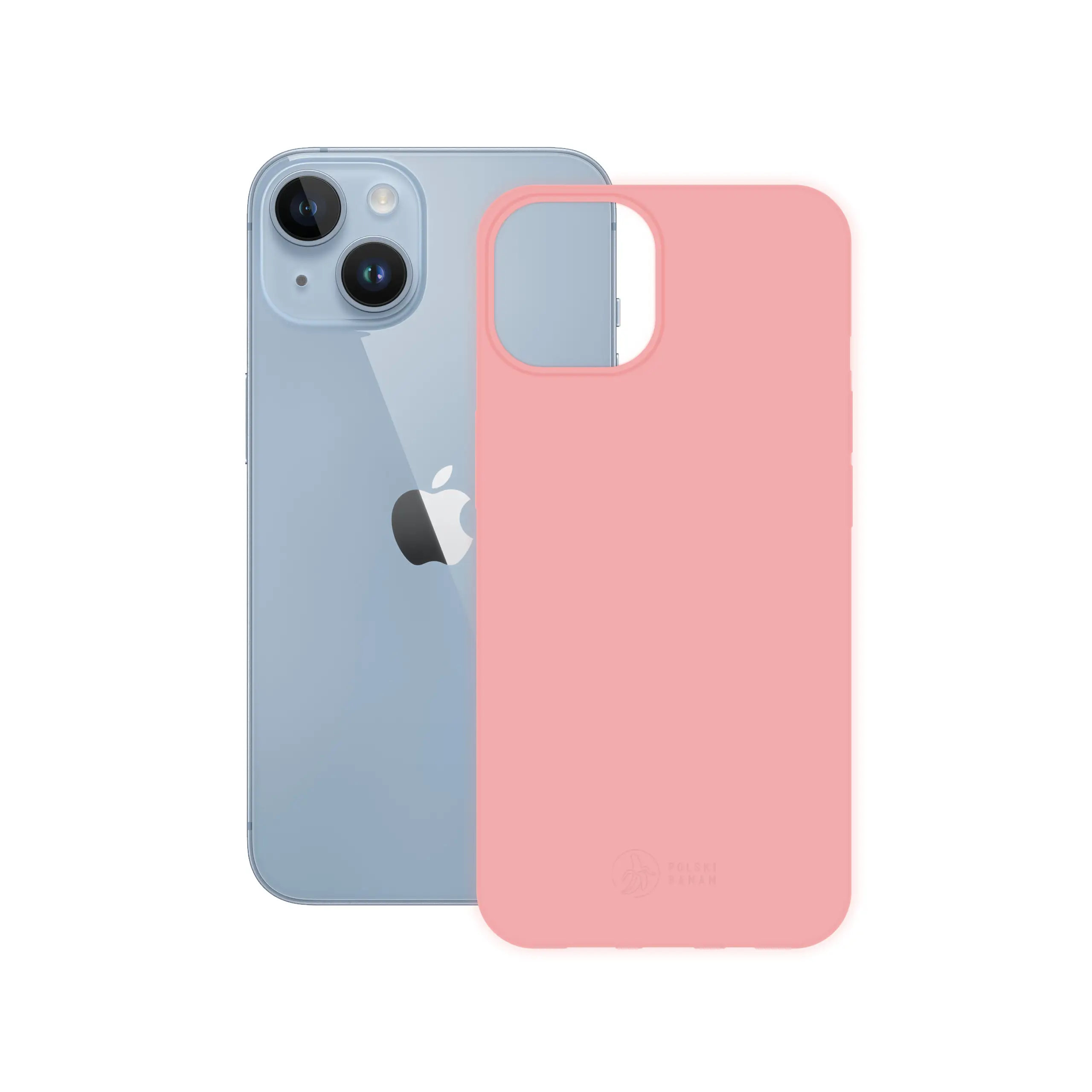 Etui silikonowe matowe różowe Polski Banan obok telefonu Apple iPhone 14