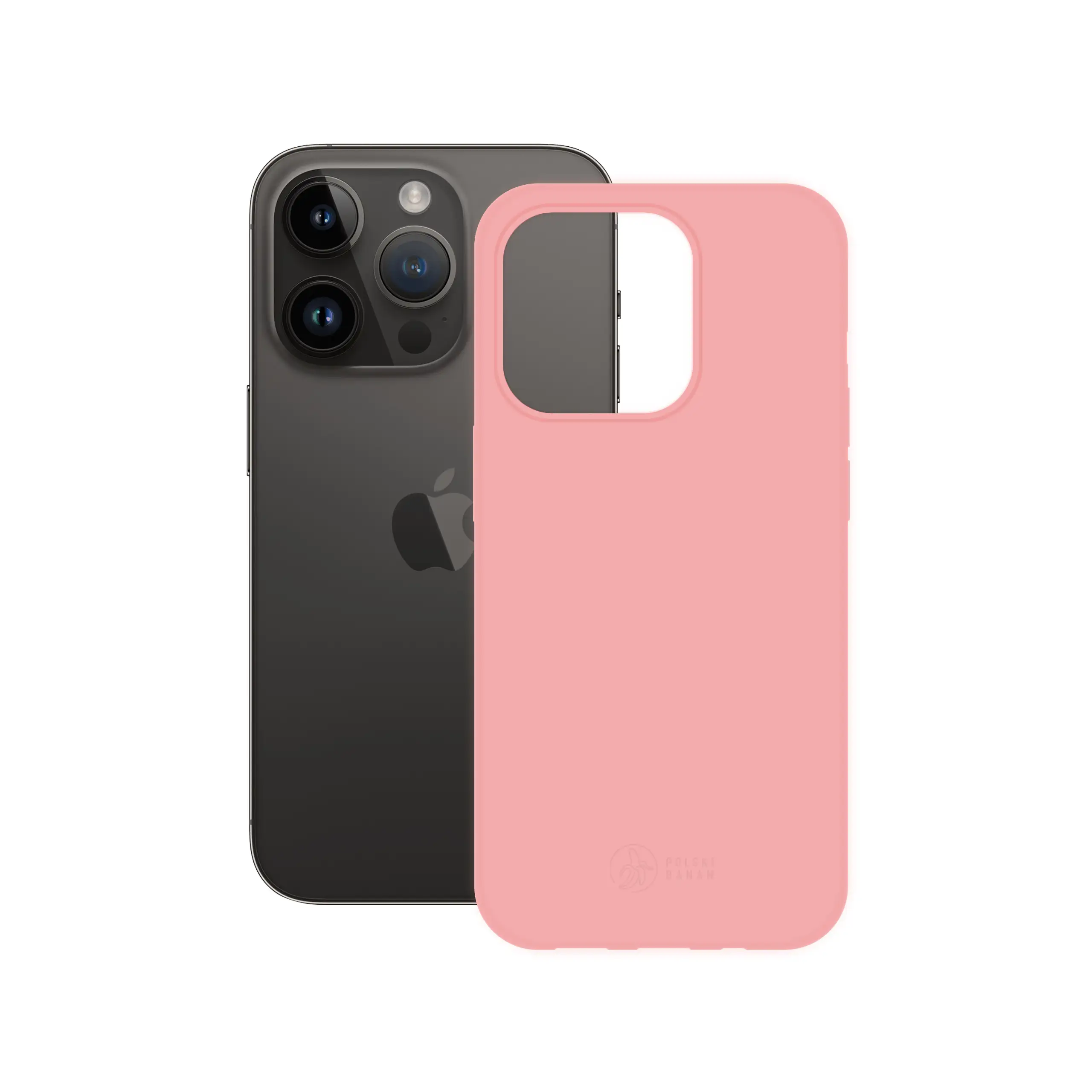 Etui silikonowe matowe różowe Polski Banan obok telefonu Apple iPhone 14 Pro