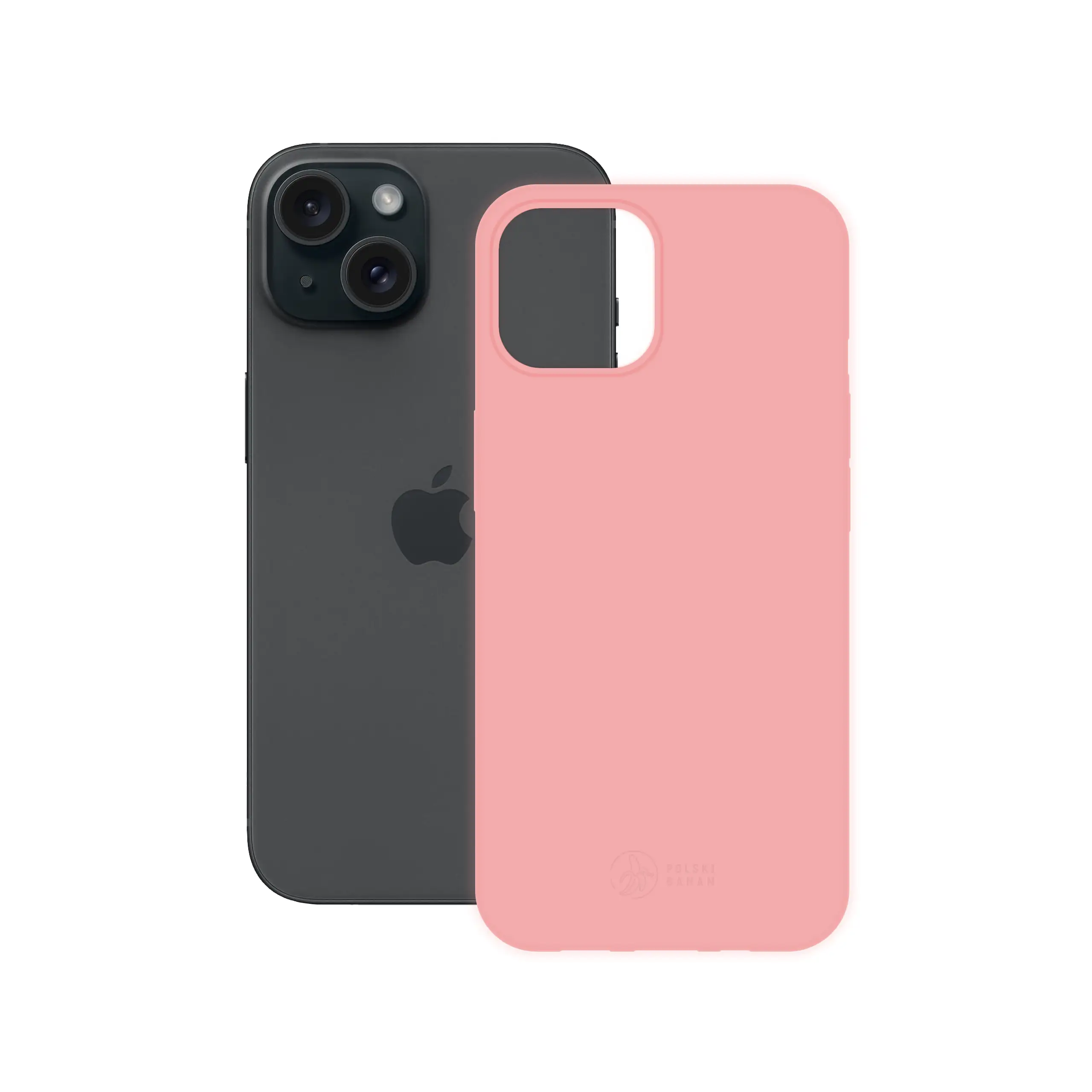 Etui silikonowe matowe różowe Polski Banan obok telefonu Apple iPhone 15