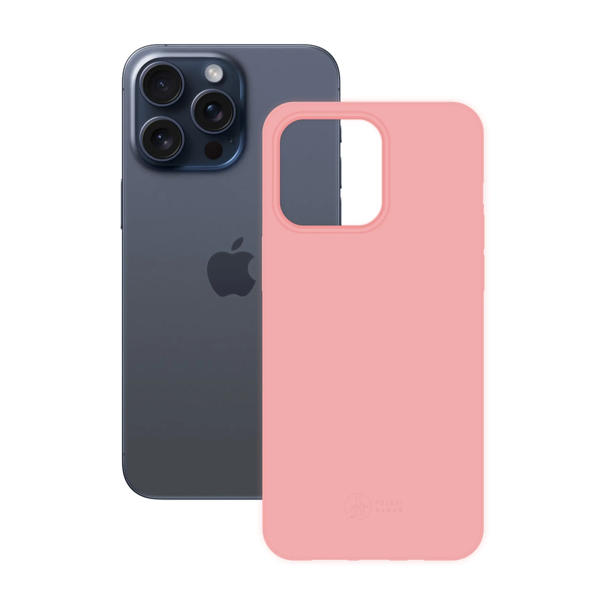 Etui silikonowe matowe różowe Polski Banan obok telefonu Apple iPhone 15 Pro Max