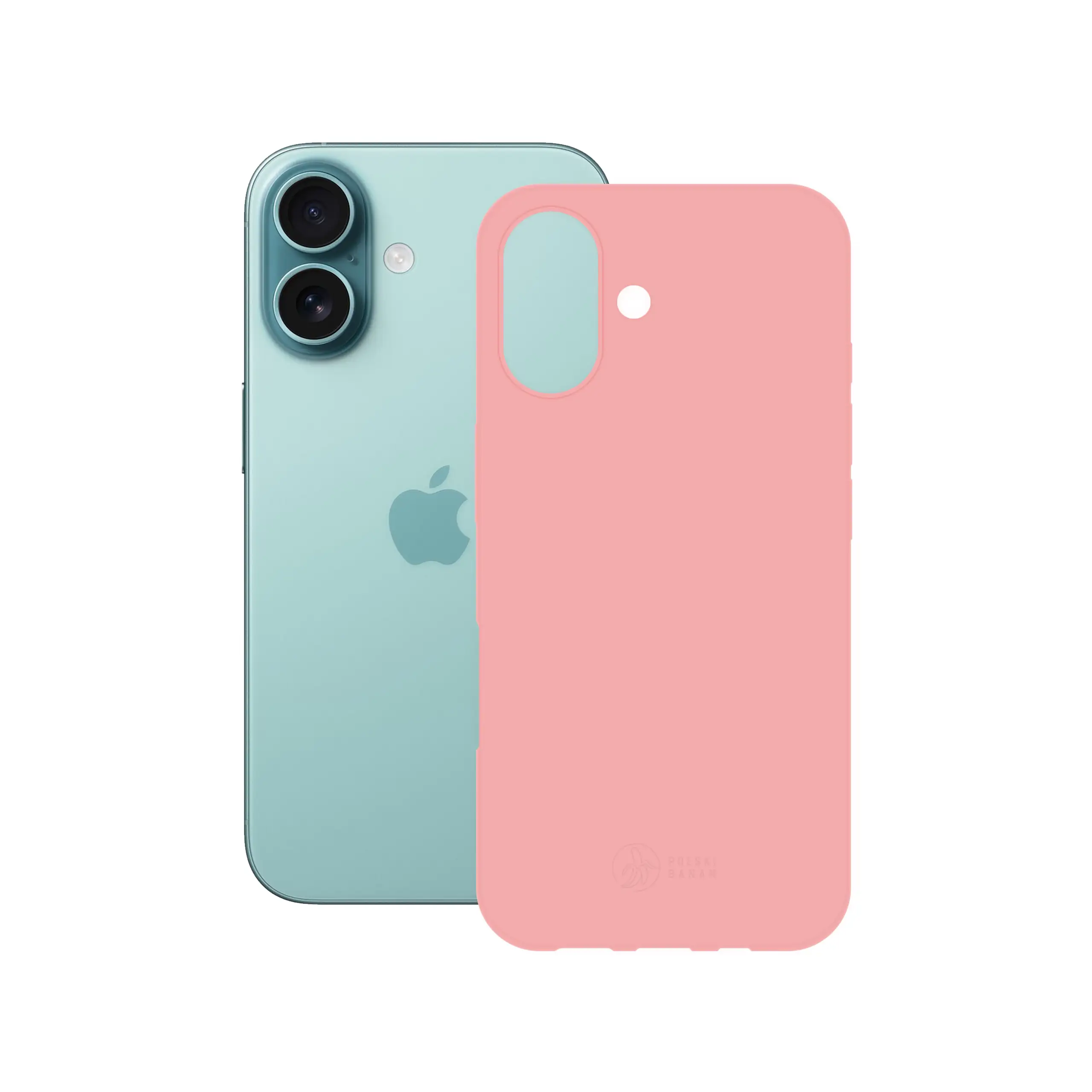 Etui silikonowe matowe różowe Polski Banan obok telefonu Apple iPhone 16