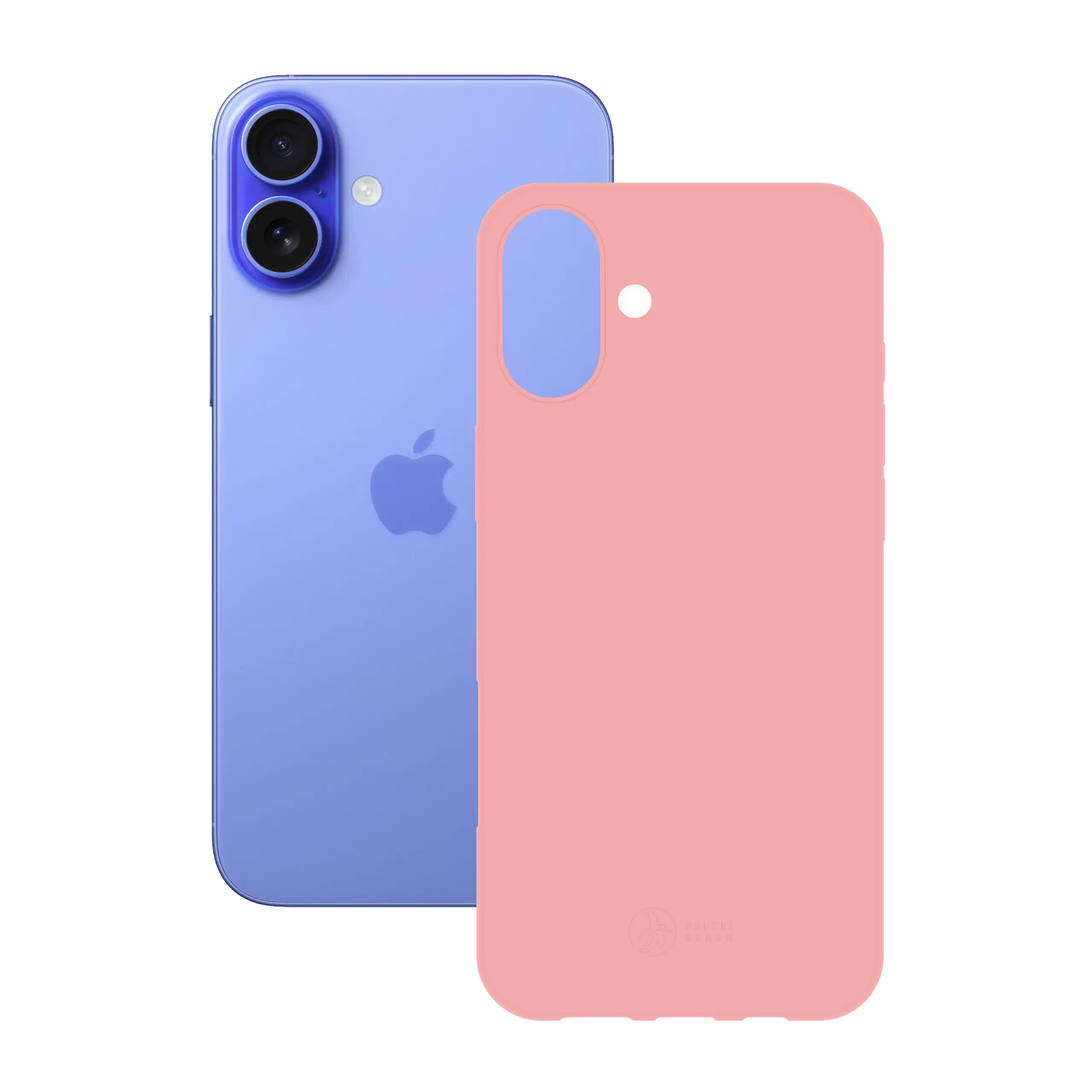 Etui silikonowe matowe różowe Polski Banan obok telefonu Apple iPhone 16 Plus