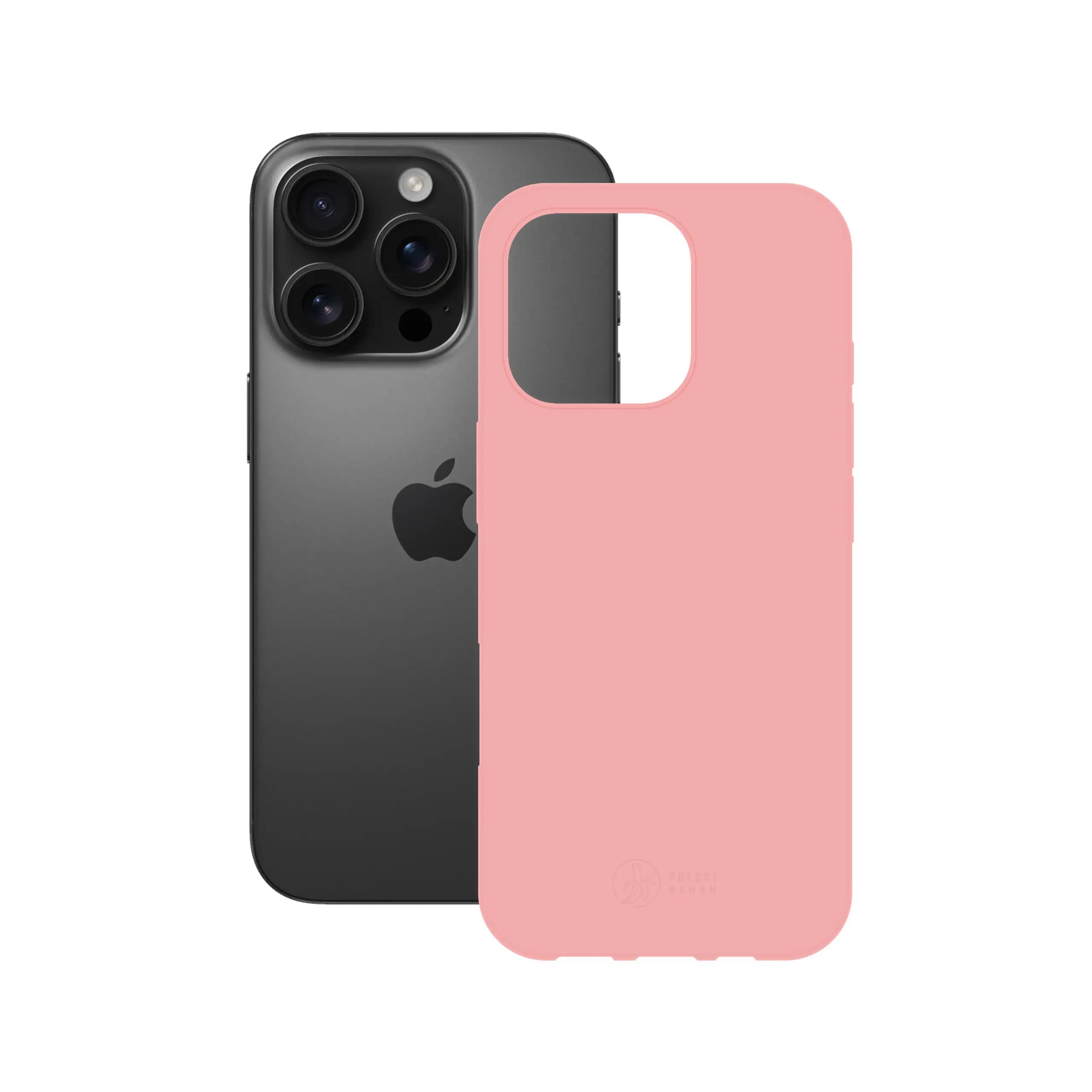 Etui silikonowe matowe różowe Polski Banan obok telefonu Apple iPhone 16 Pro