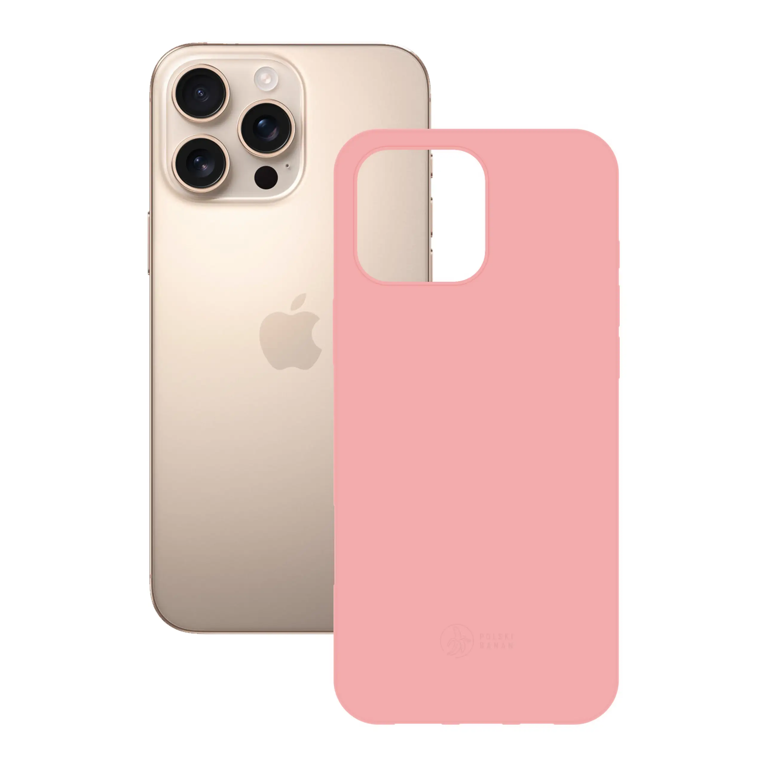 Etui silikonowe matowe różowe Polski Banan obok telefonu Apple iPhone 16 Pro Max