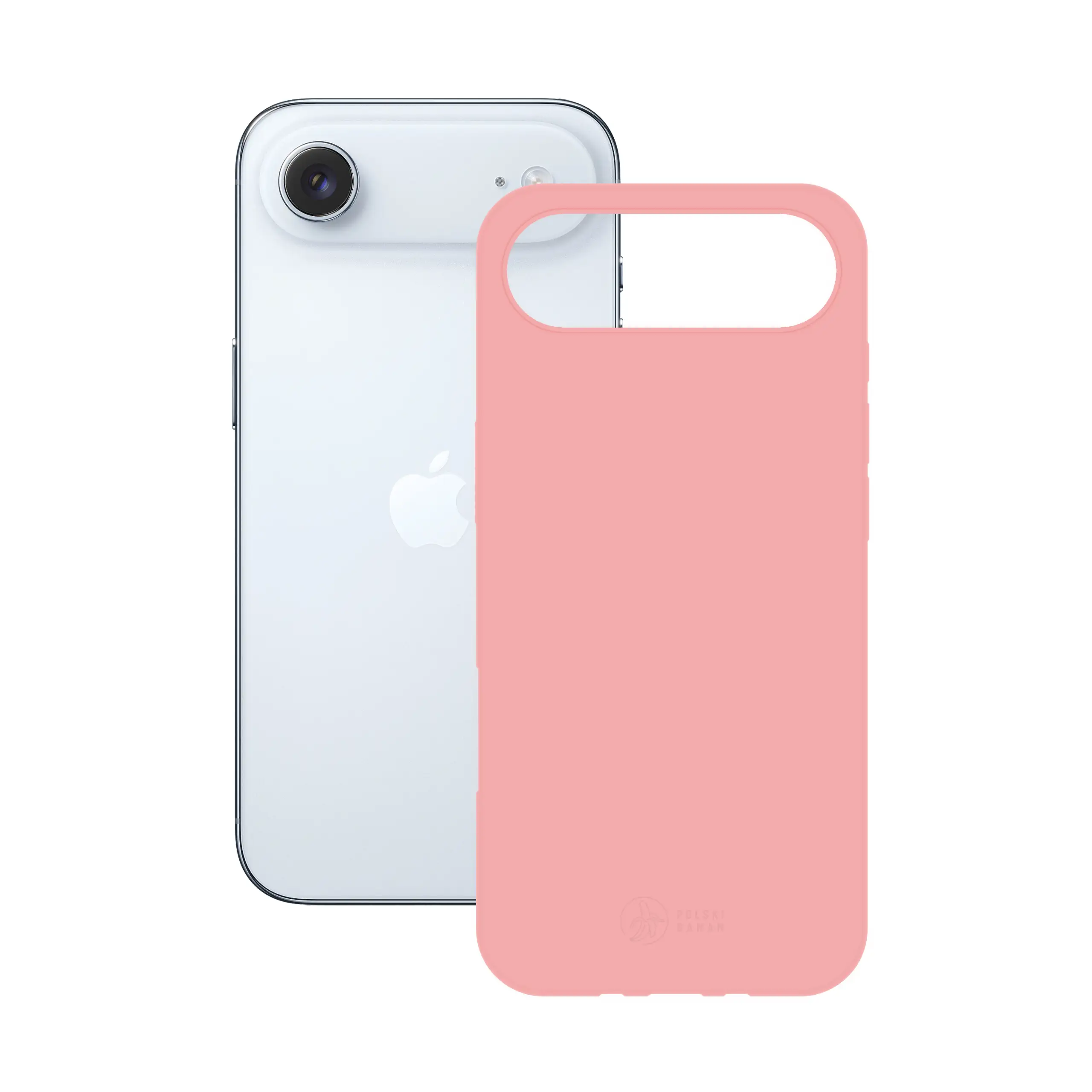Etui silikonowe matowe różowe Polski Banan obok telefonu Apple iPhone Air