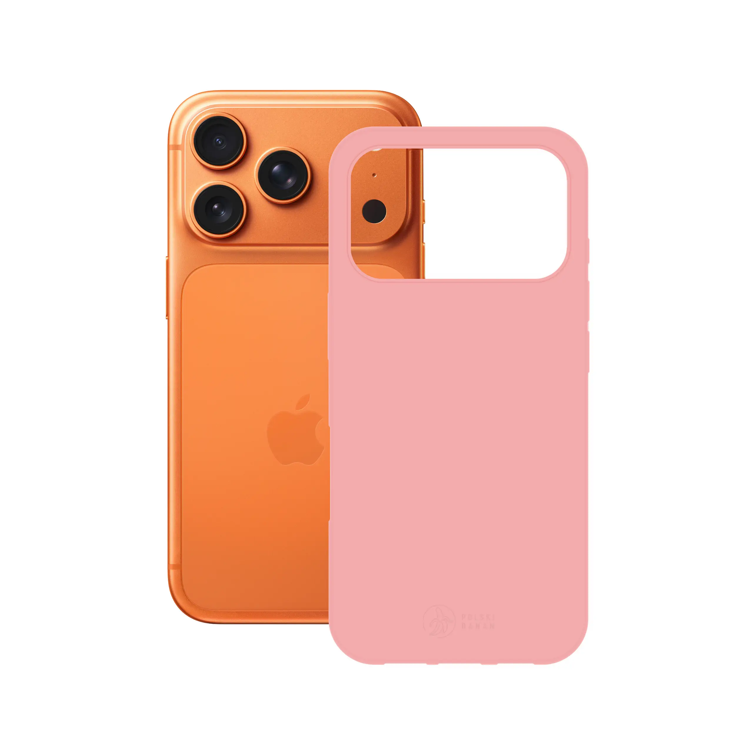 Etui silikonowe matowe różowe Polski Banan obok telefonu Apple iPhone 17 Pro