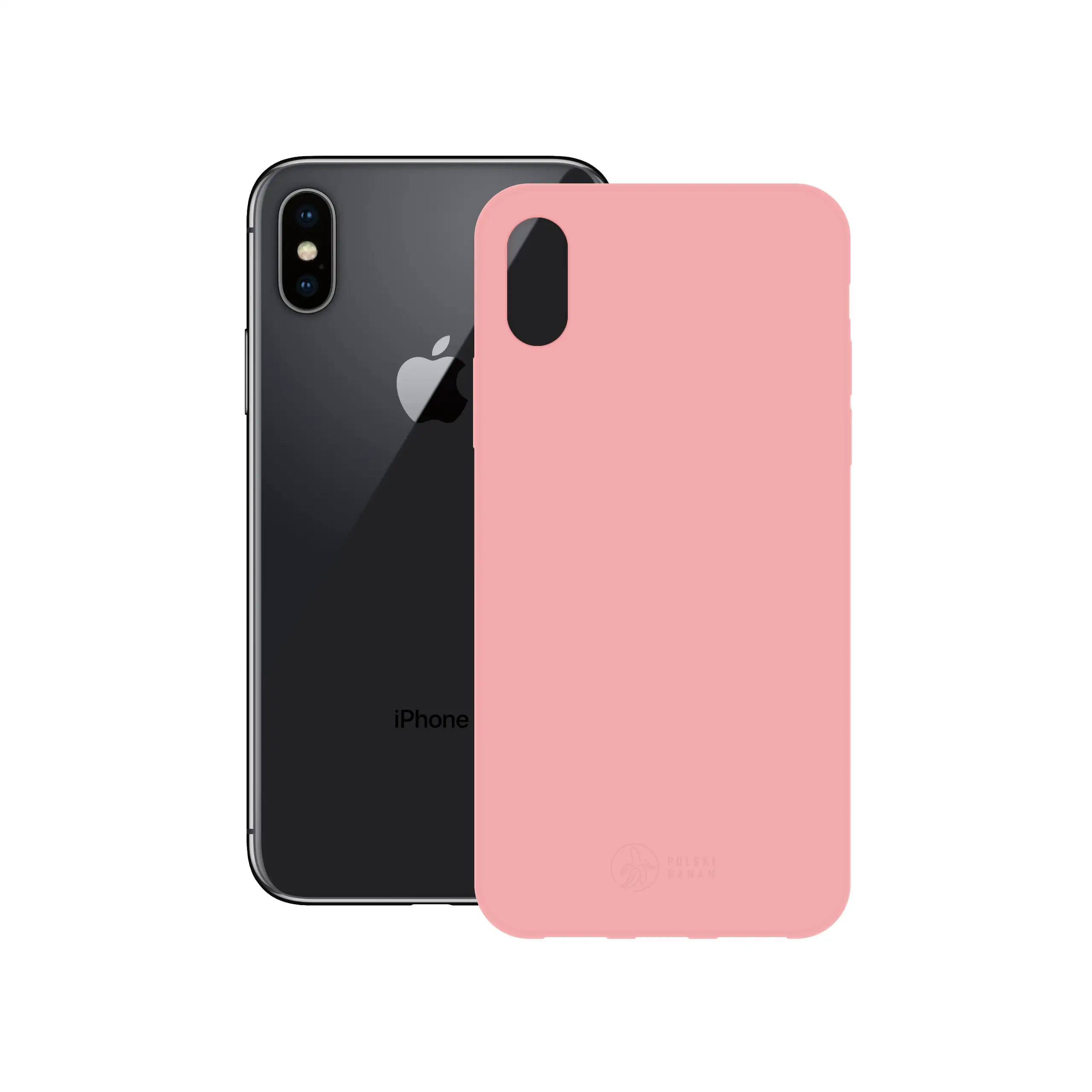 Etui silikonowe matowe różowe Polski Banan obok telefonu Apple iPhone X / Xs