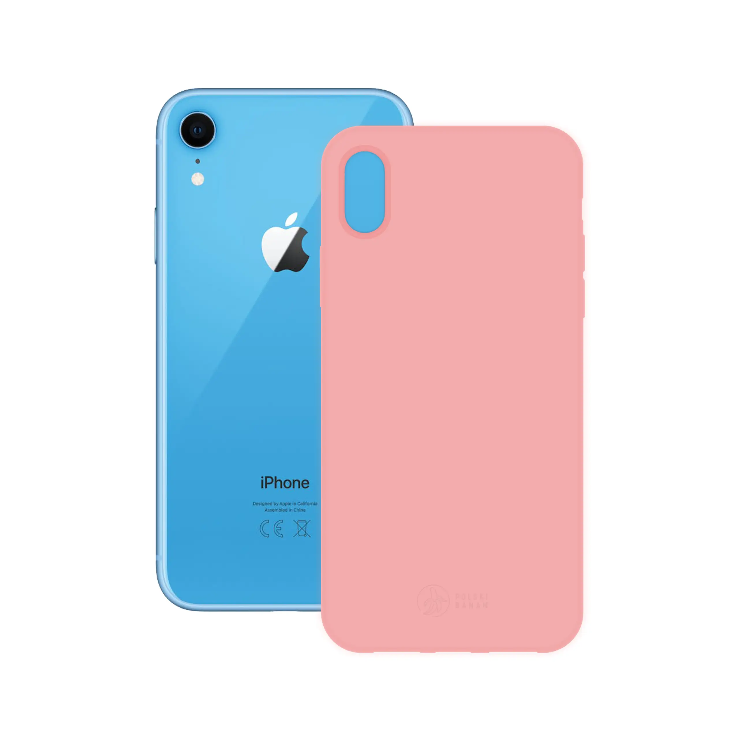 Etui silikonowe matowe różowe Polski Banan obok telefonu Apple iPhone Xr