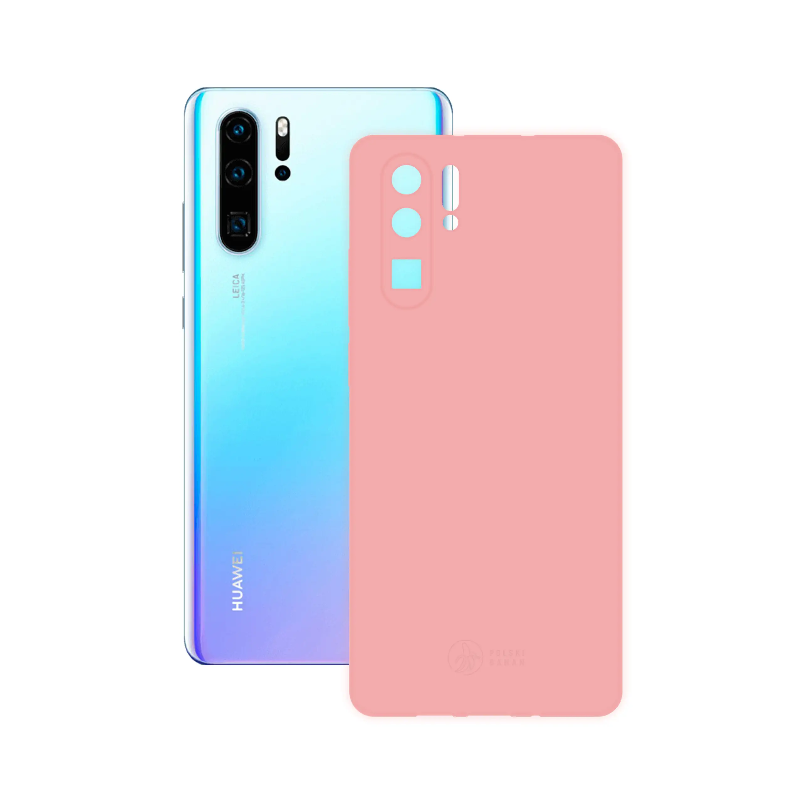 Etui silikonowe matowe różowe Polski Banan obok telefonu Huawei P30 Pro