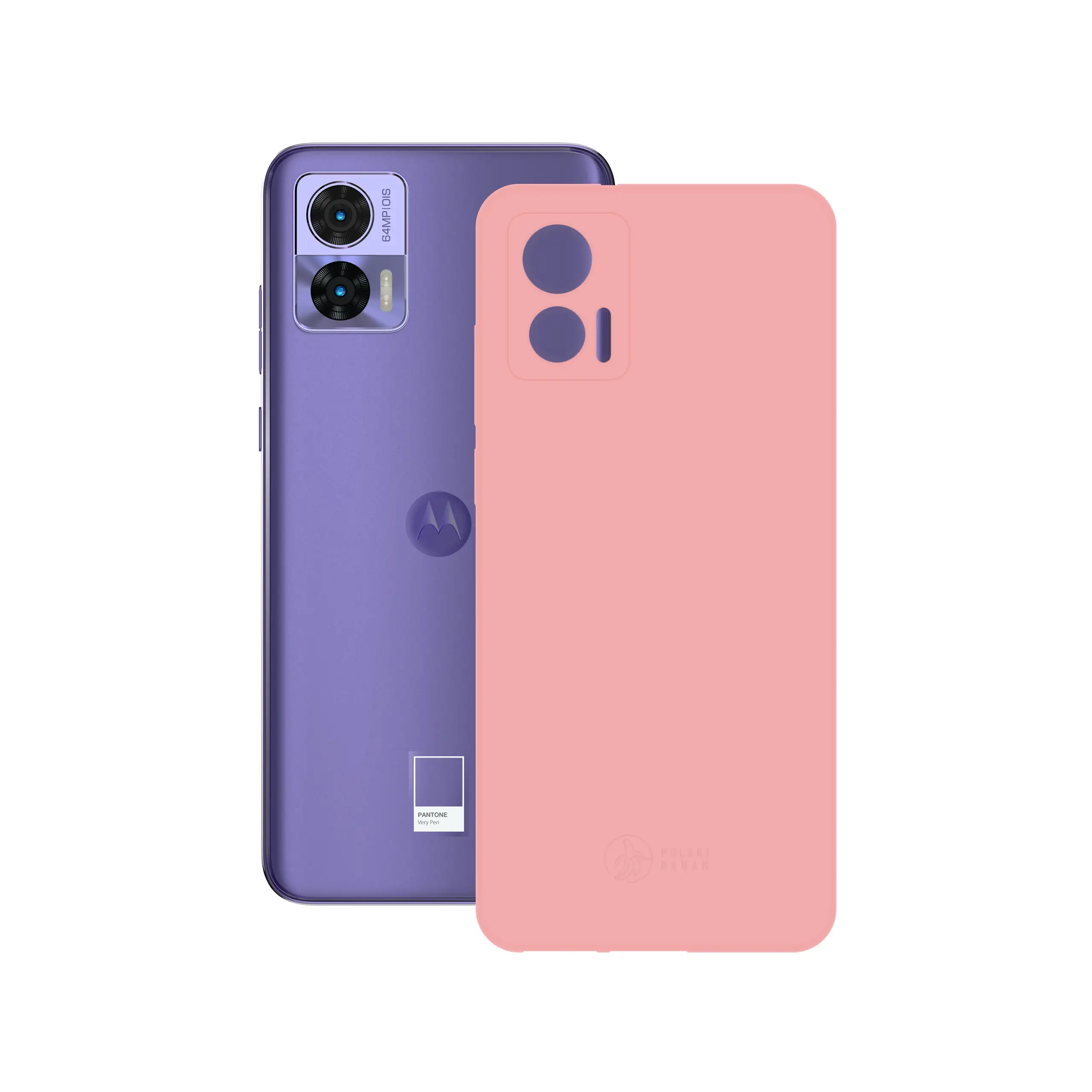 Etui silikonowe matowe różowe Polski Banan obok telefonu Motorola Edge 30 Neo