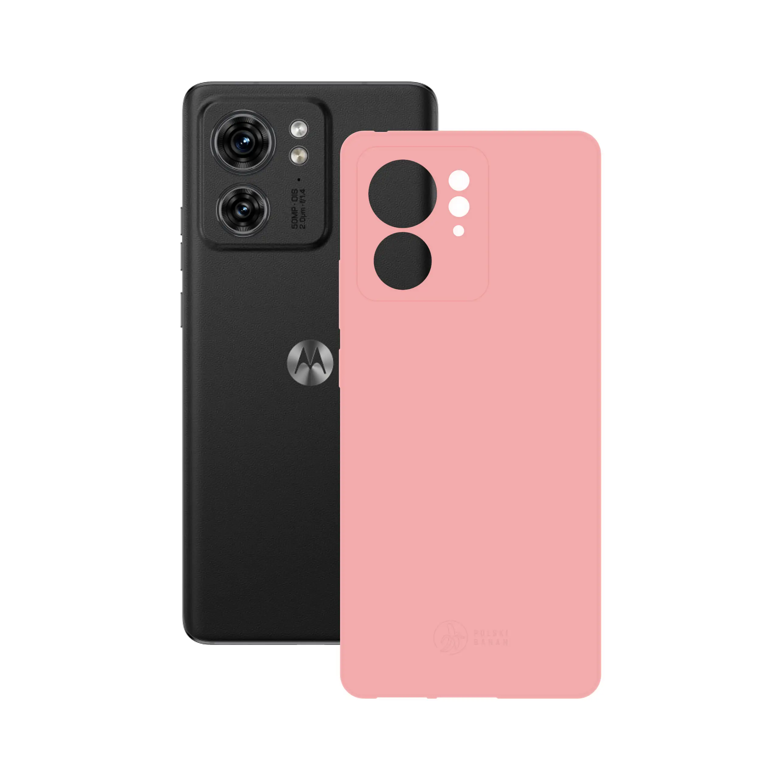 Etui silikonowe matowe różowe Polski Banan obok telefonu Motorola Edge 40