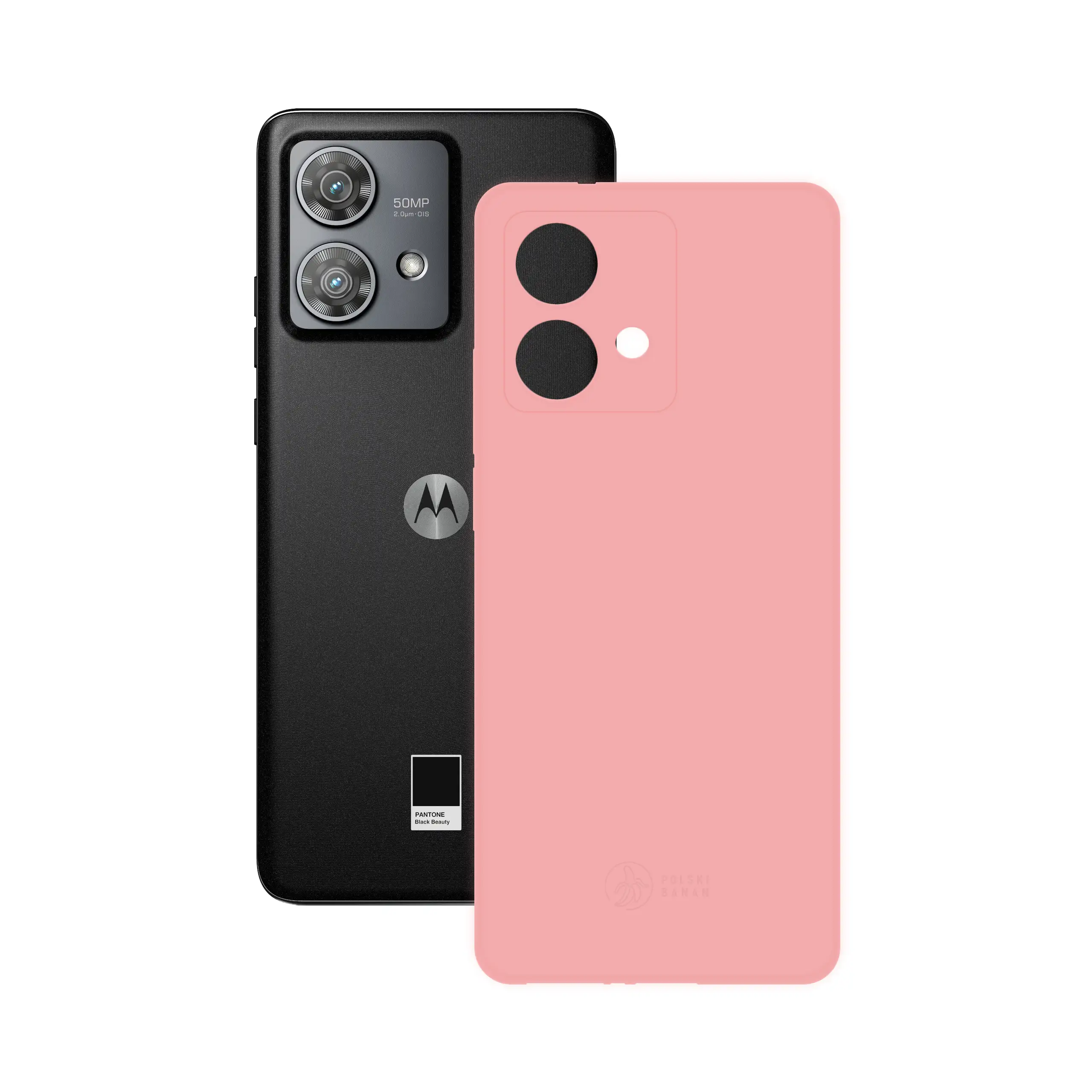 Etui silikonowe matowe różowe Polski Banan obok telefonu Motorola Edge 40 Neo
