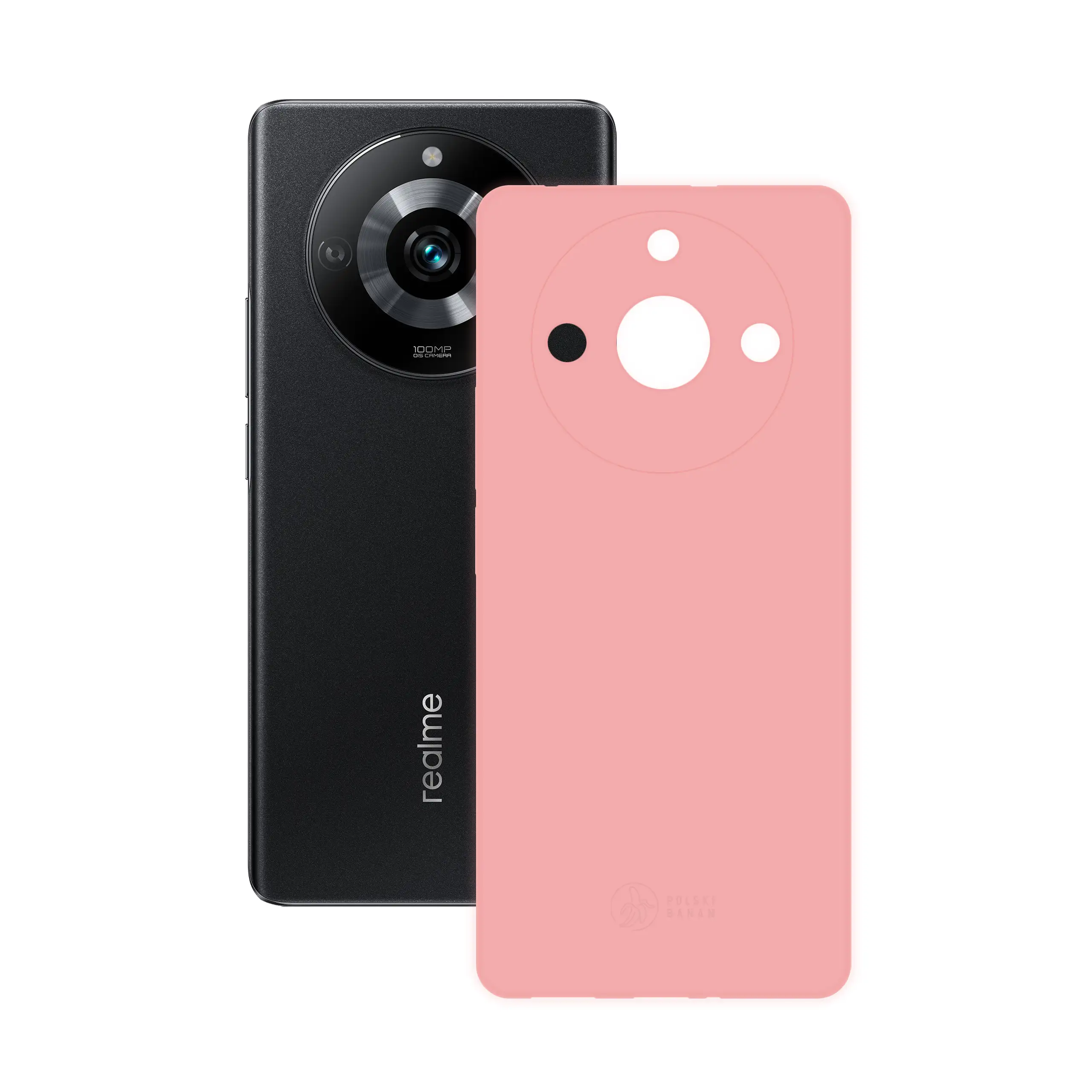 Etui silikonowe matowe różowe Polski Banan obok telefonu Realme 11 Pro / 11 Pro Plus