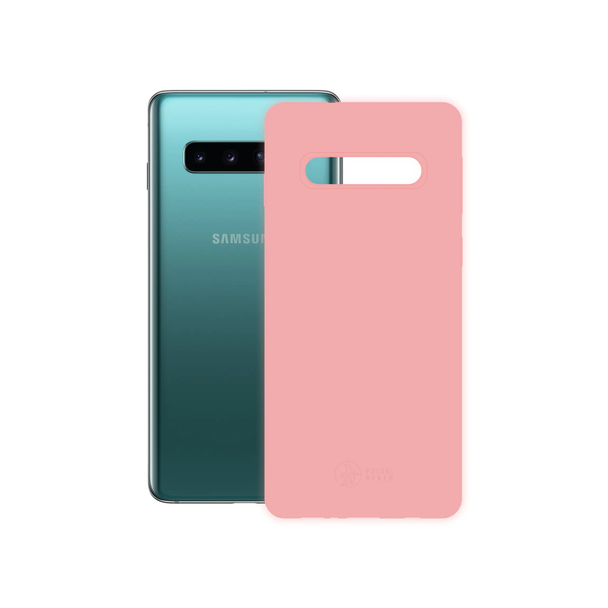 Etui silikonowe matowe różowe Polski Banan obok telefonu Samsung Galaxy S10