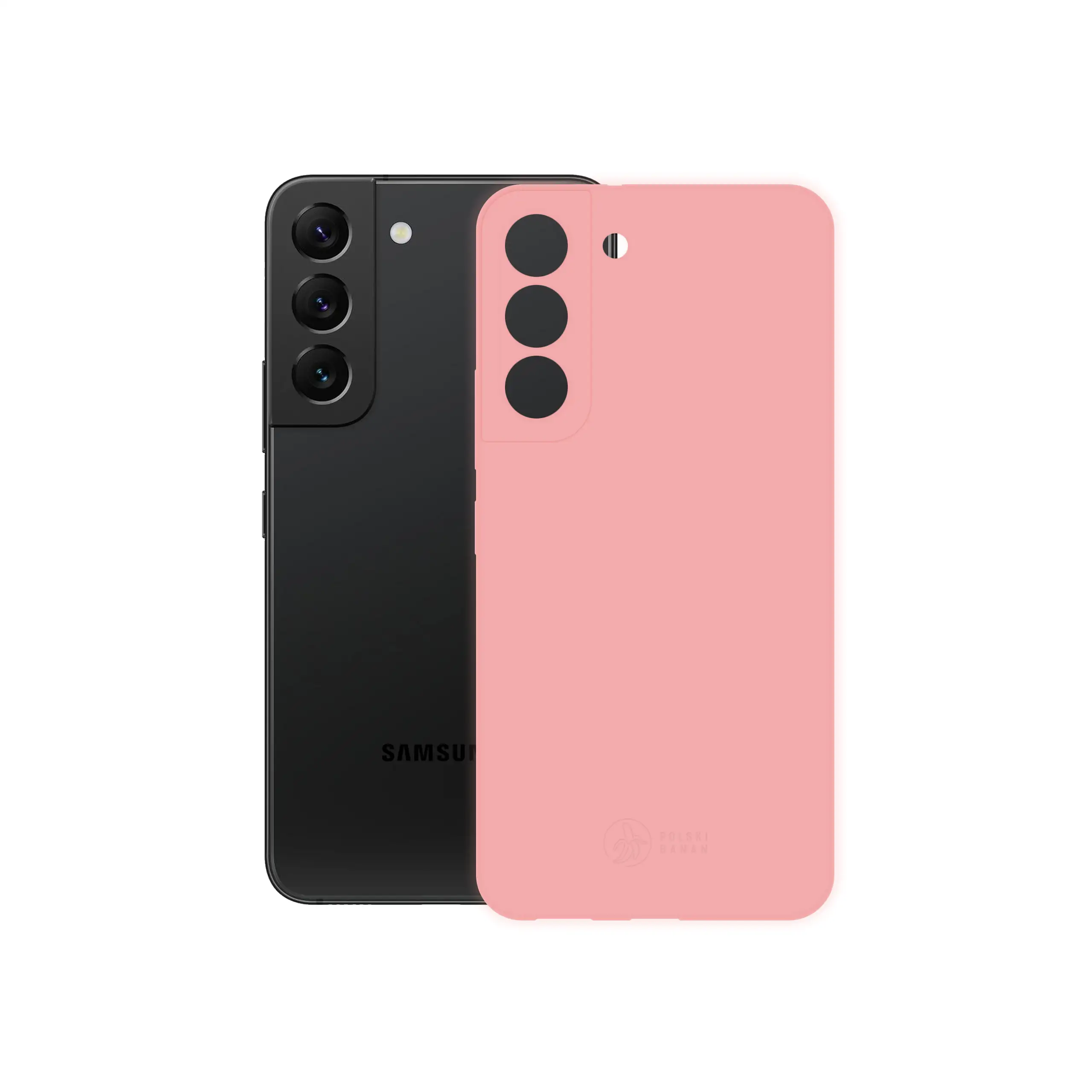 Etui silikonowe matowe różowe Polski Banan obok telefonu Samsung Galaxy S22