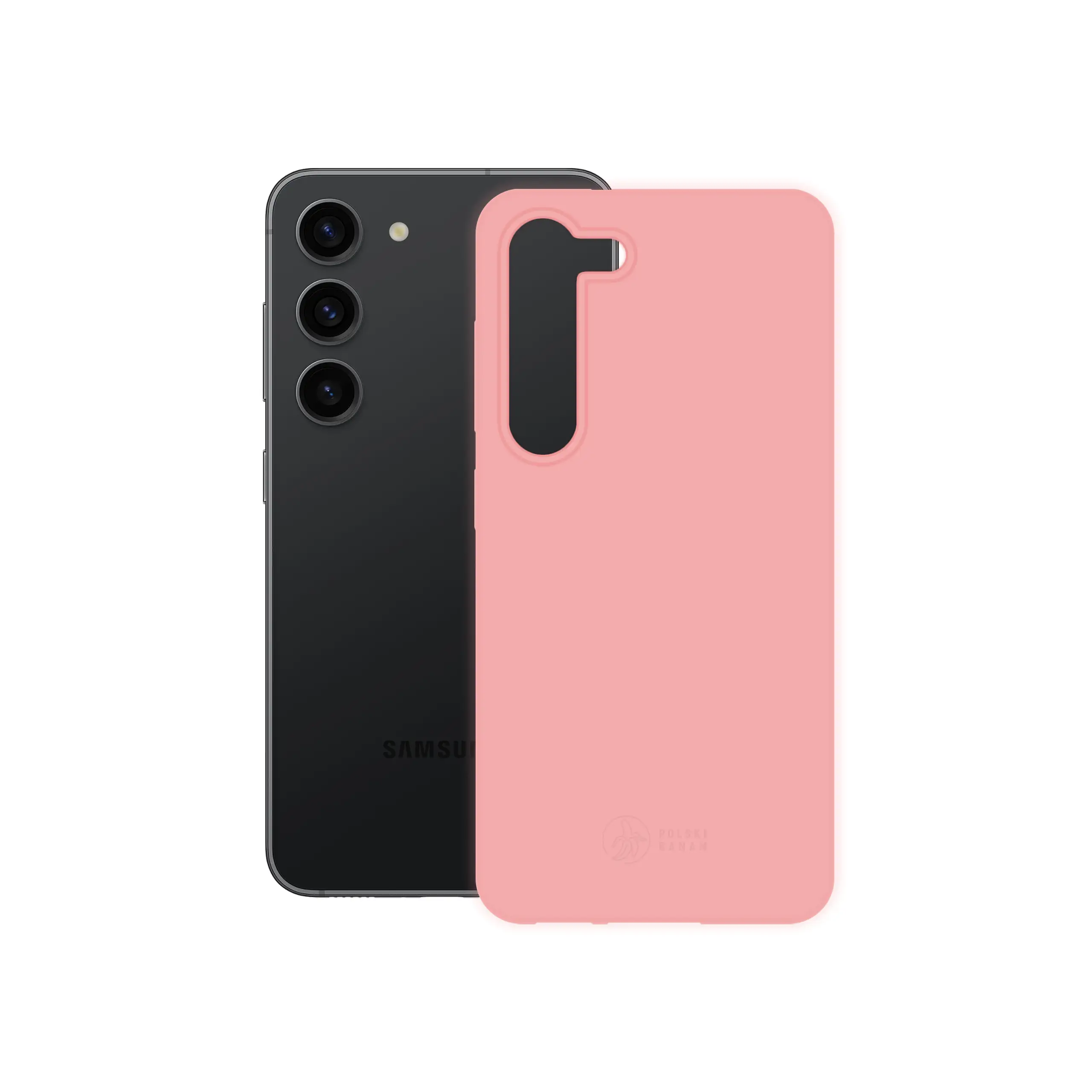 Etui silikonowe matowe różowe Polski Banan obok telefonu Samsung Galaxy S23