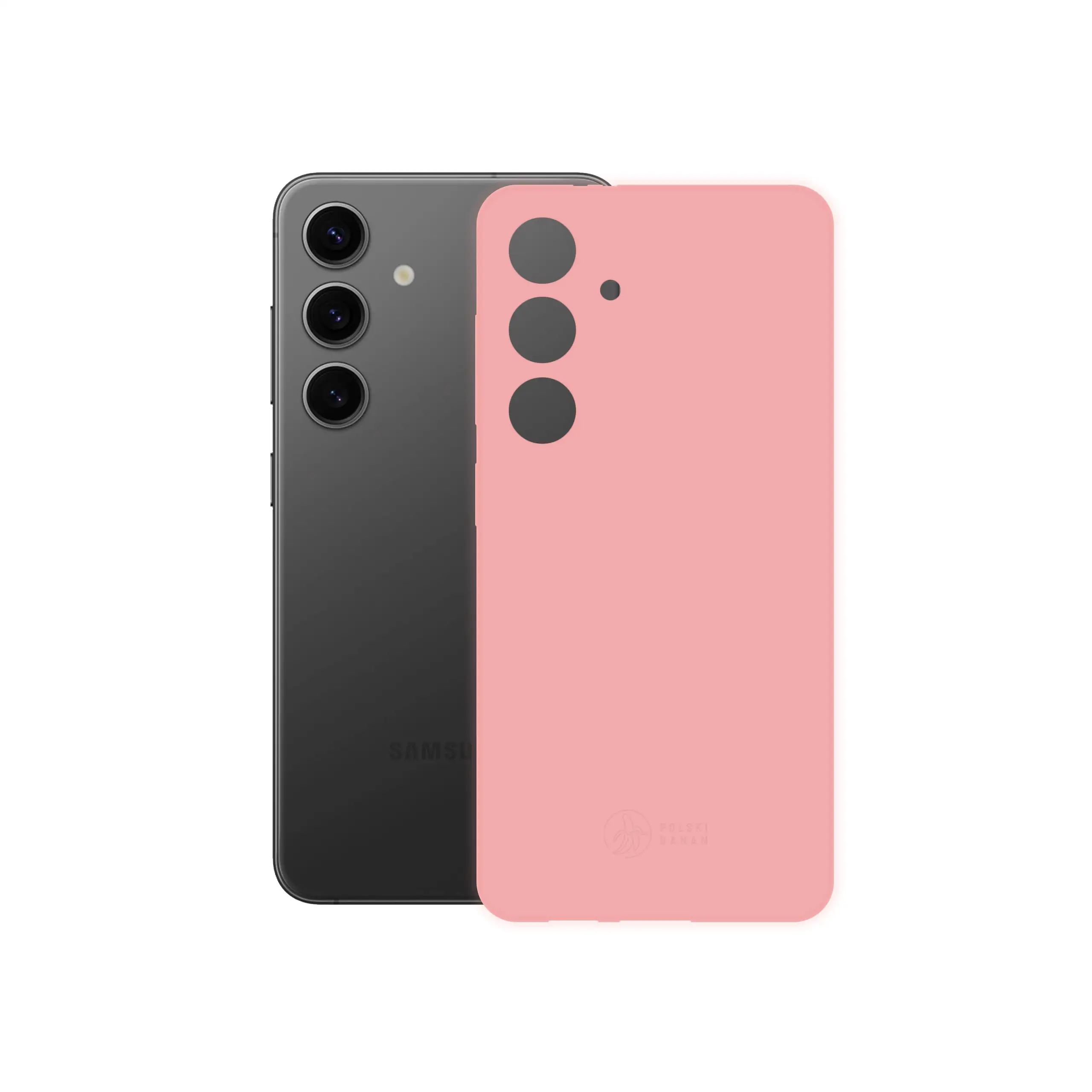 Etui silikonowe matowe różowe Polski Banan obok telefonu Samsung Galaxy S24