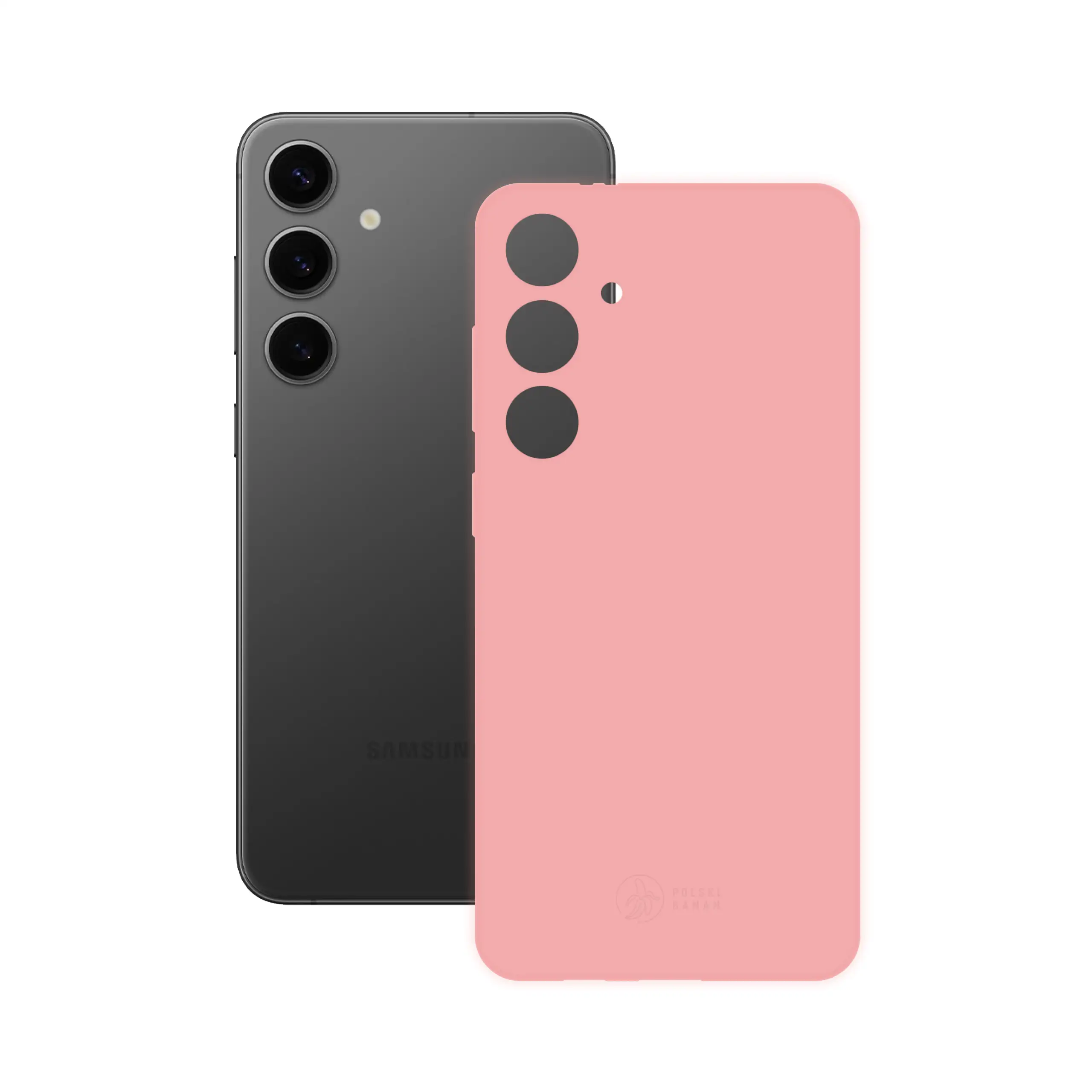 Etui silikonowe matowe różowe Polski Banan obok telefonu Samsung Galaxy S24 Plus