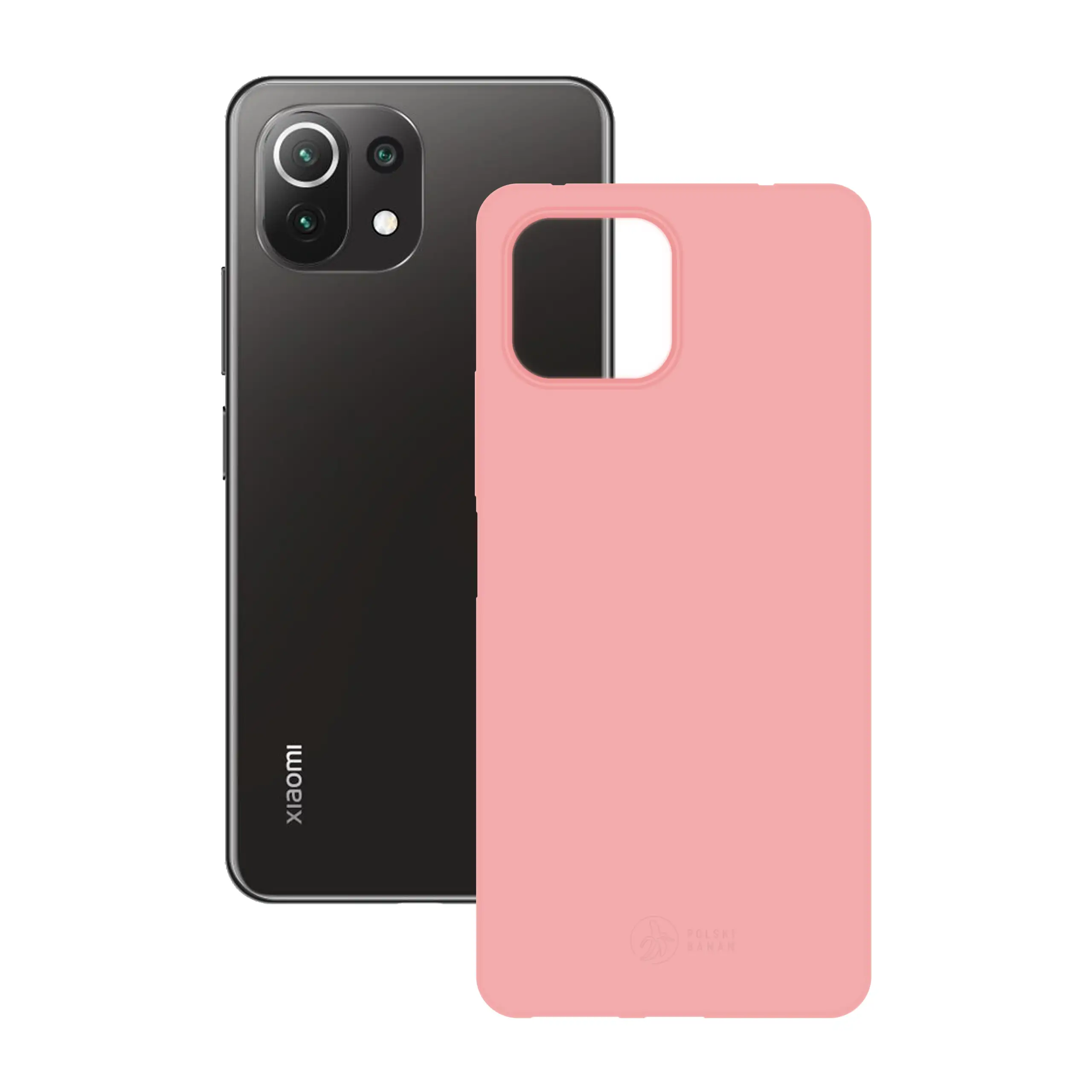 Etui silikonowe matowe różowe Polski Banan obok telefonu Xiaomi Mi 11 Lite / Mi 11 Lite 5G