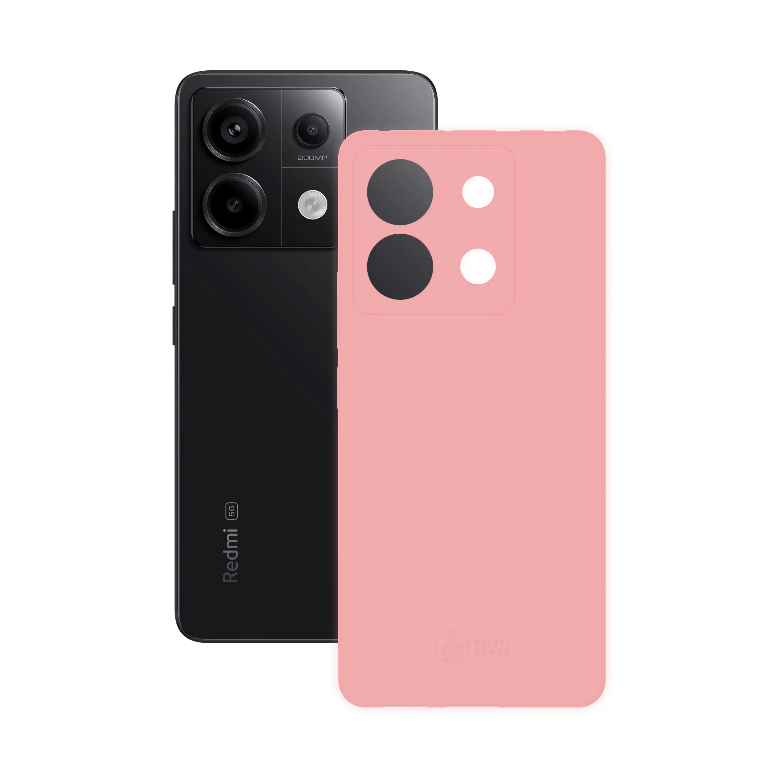 Etui silikonowe matowe różowe Polski Banan obok telefonu Xiaomi Redmi Note 13 Pro 5G