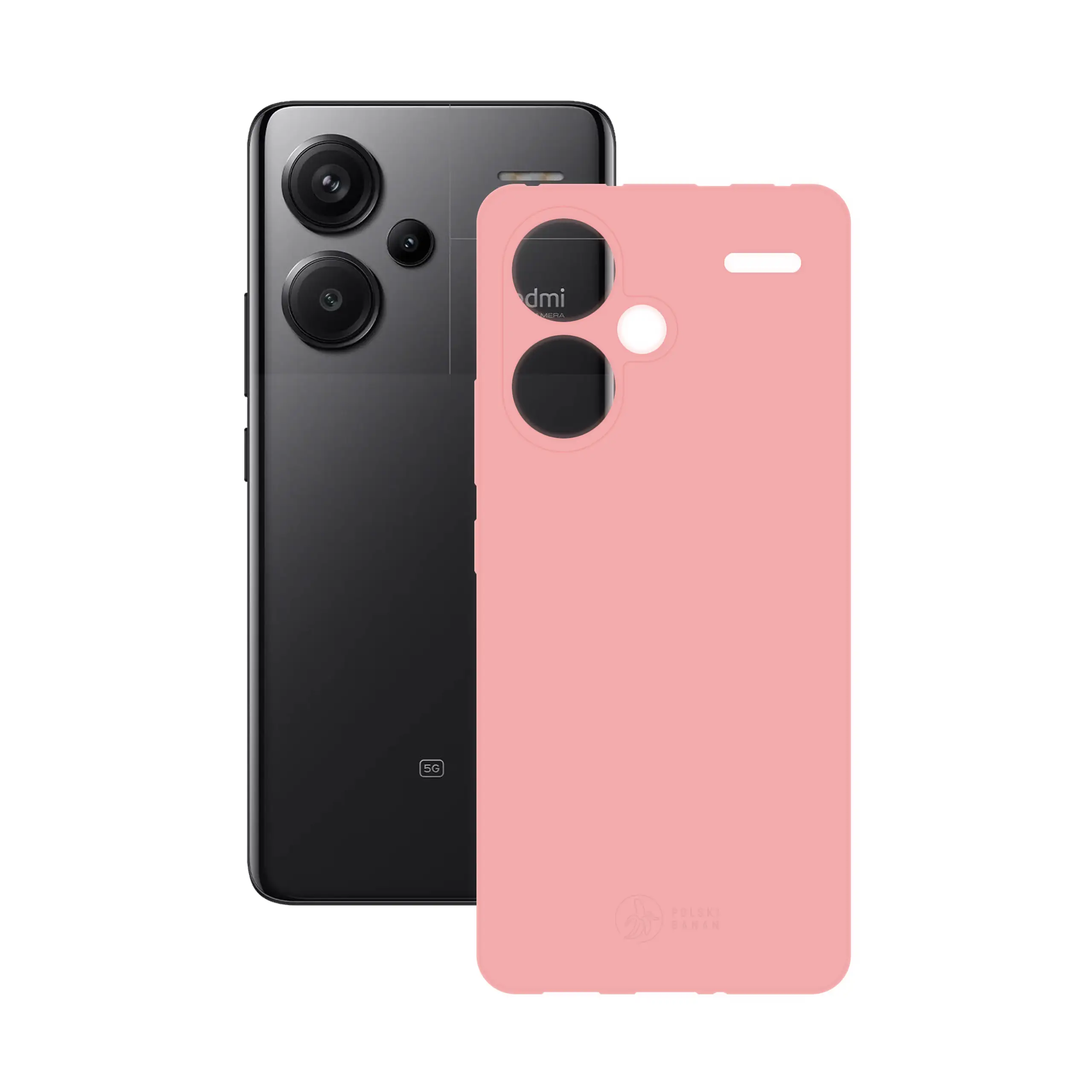 Etui silikonowe matowe różowe Polski Banan obok telefonu Xiaomi Redmi Note 13 Pro Plus