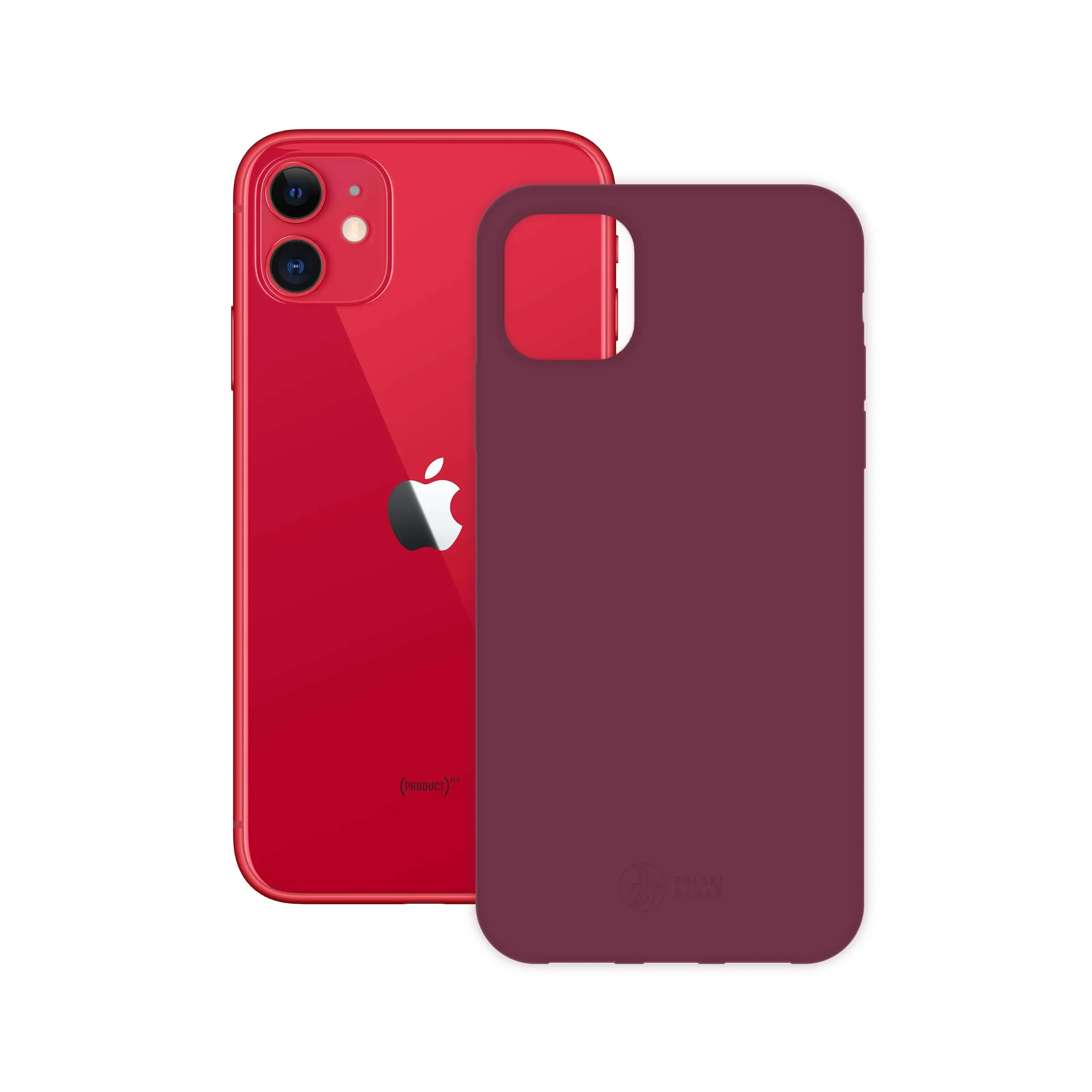 Etui silikonowe matowe wiśniowe Polski Banan obok telefonu Apple iPhone 11