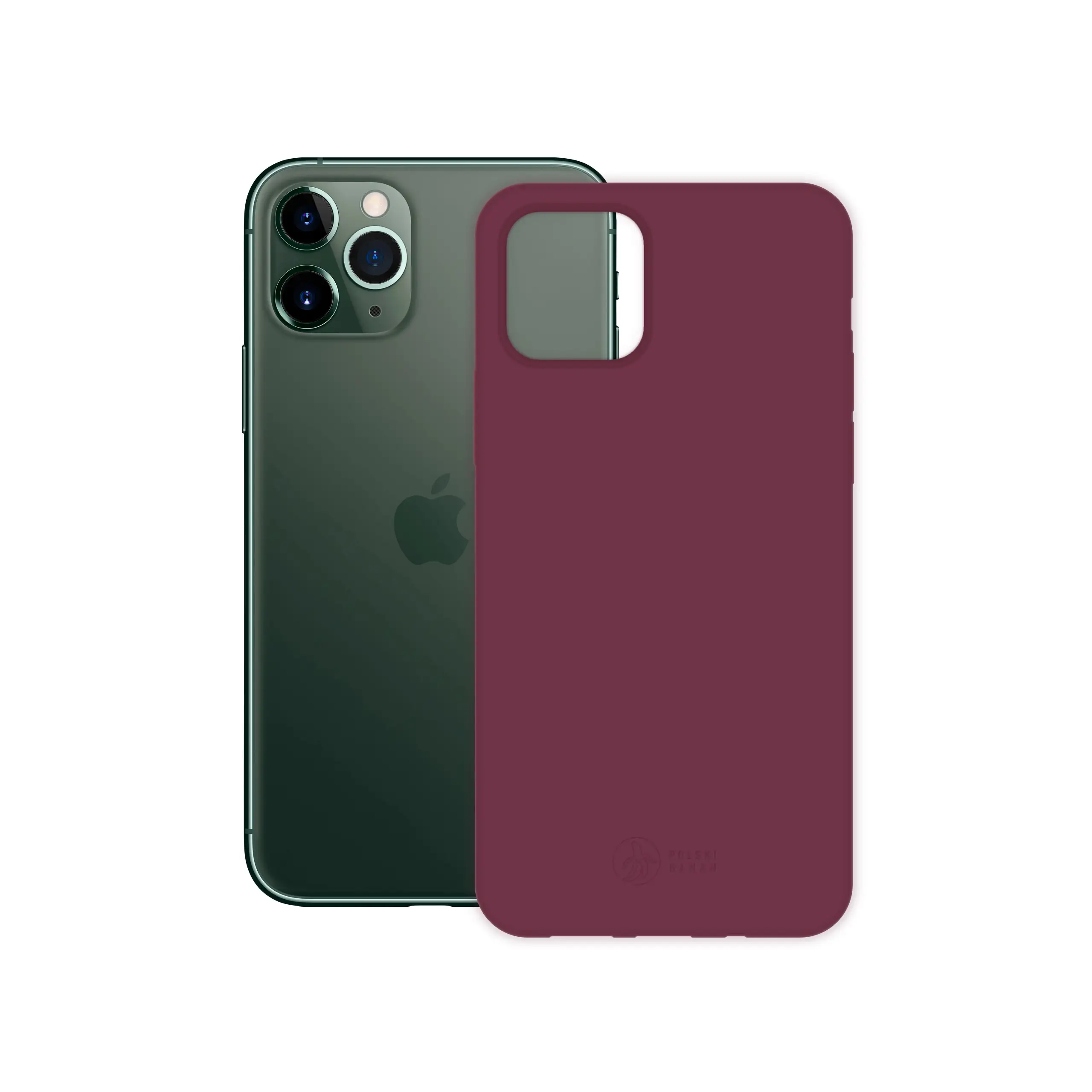 Etui silikonowe matowe wiśniowe Polski Banan obok telefonu Apple iPhone 11 Pro