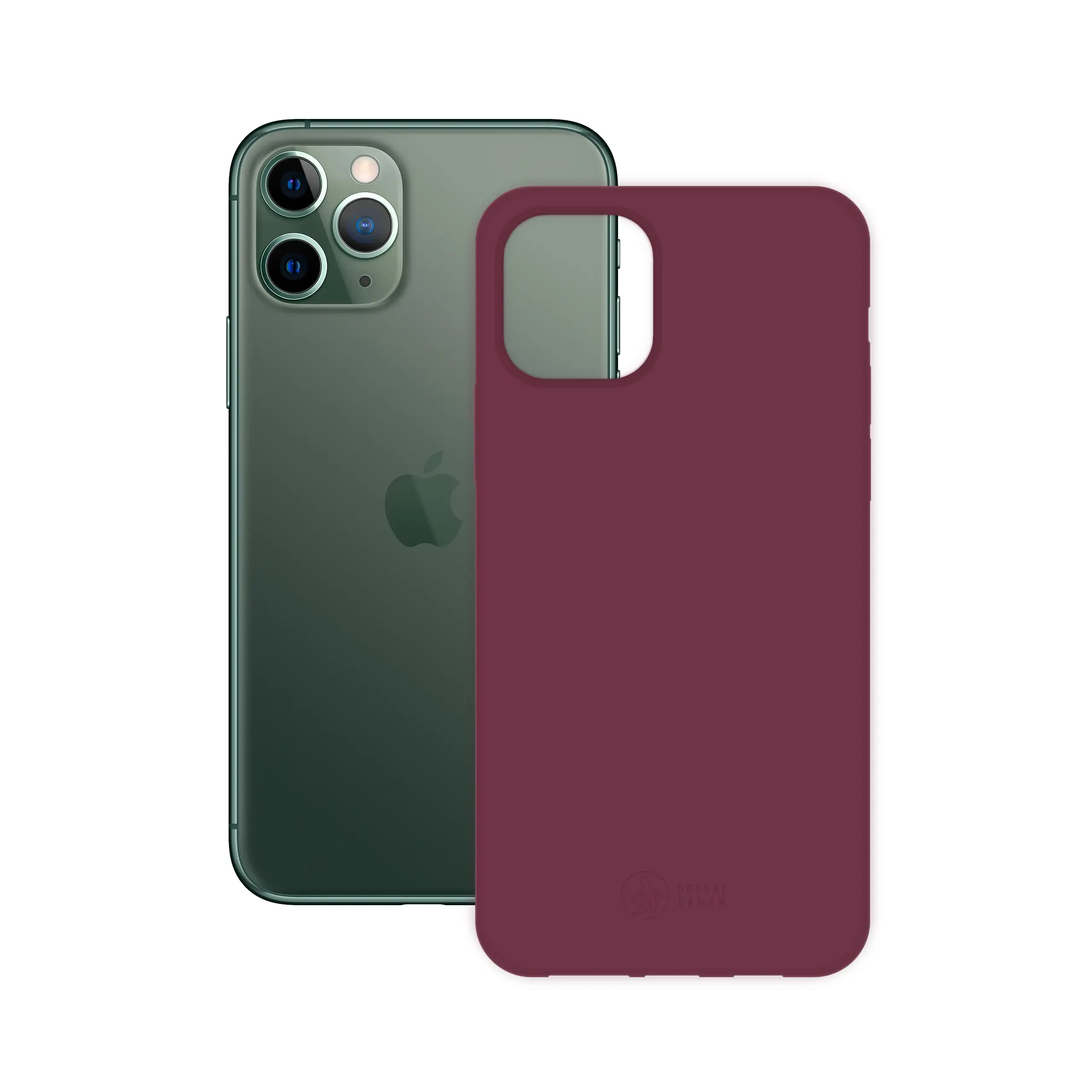 Etui silikonowe matowe wiśniowe Polski Banan obok telefonu Apple iPhone 11 Pro Max