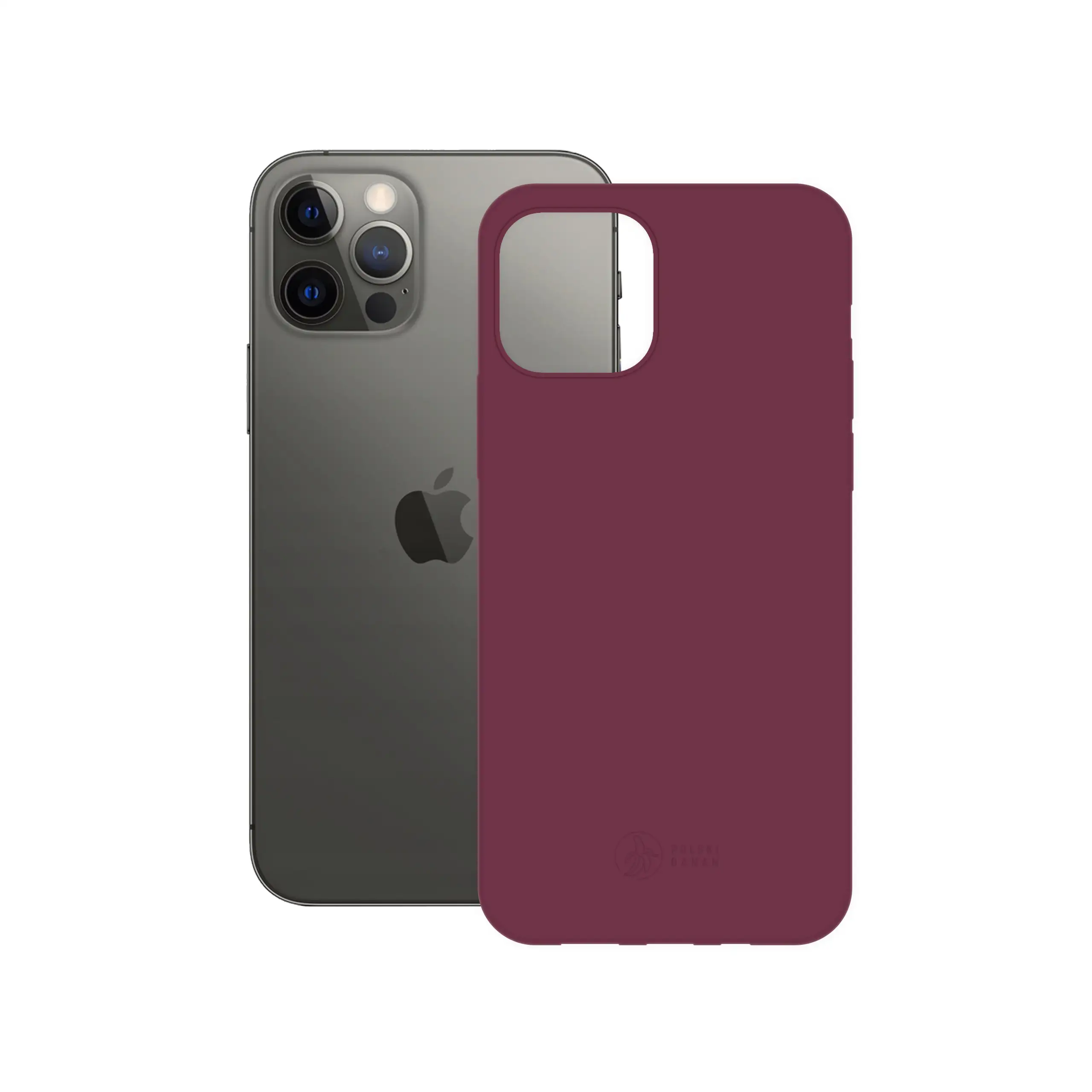 Etui silikonowe matowe wiśniowe Polski Banan obok telefonu Apple iPhone 12 / 12 Pro