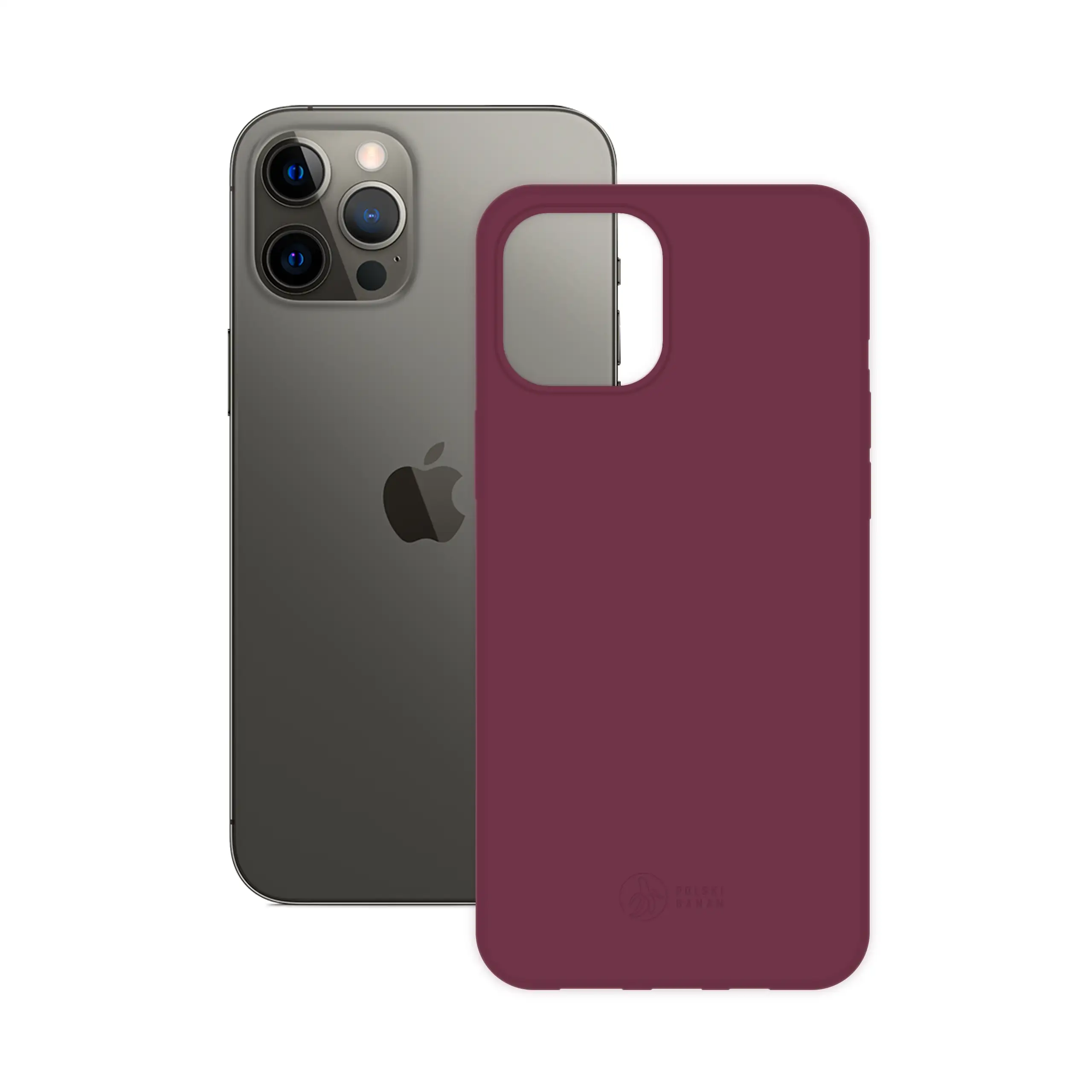 Etui silikonowe matowe wiśniowe Polski Banan obok telefonu Apple iPhone 12 Pro Max