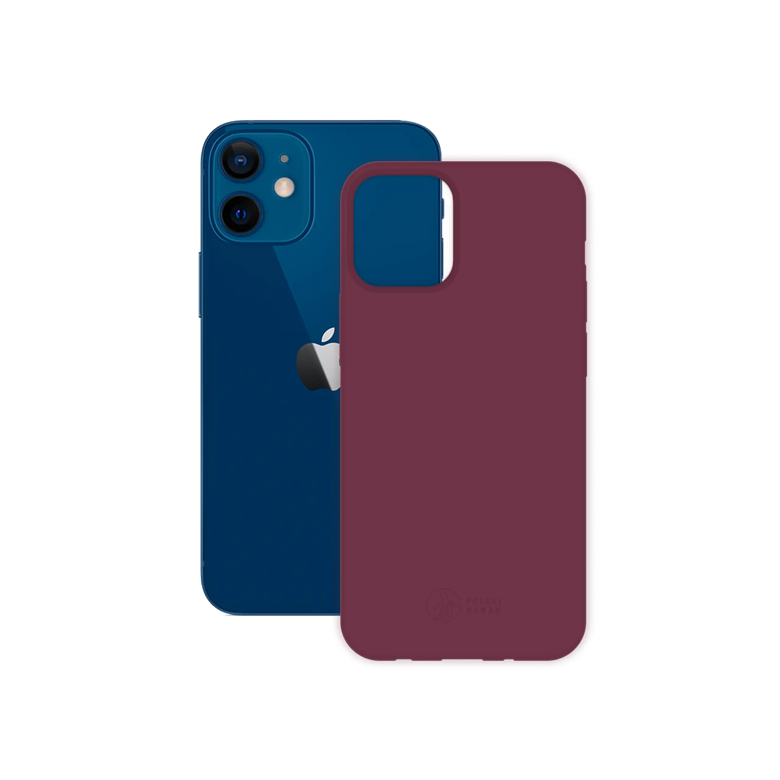Etui silikonowe matowe wiśniowe Polski Banan obok telefonu Apple iPhone 12 mini