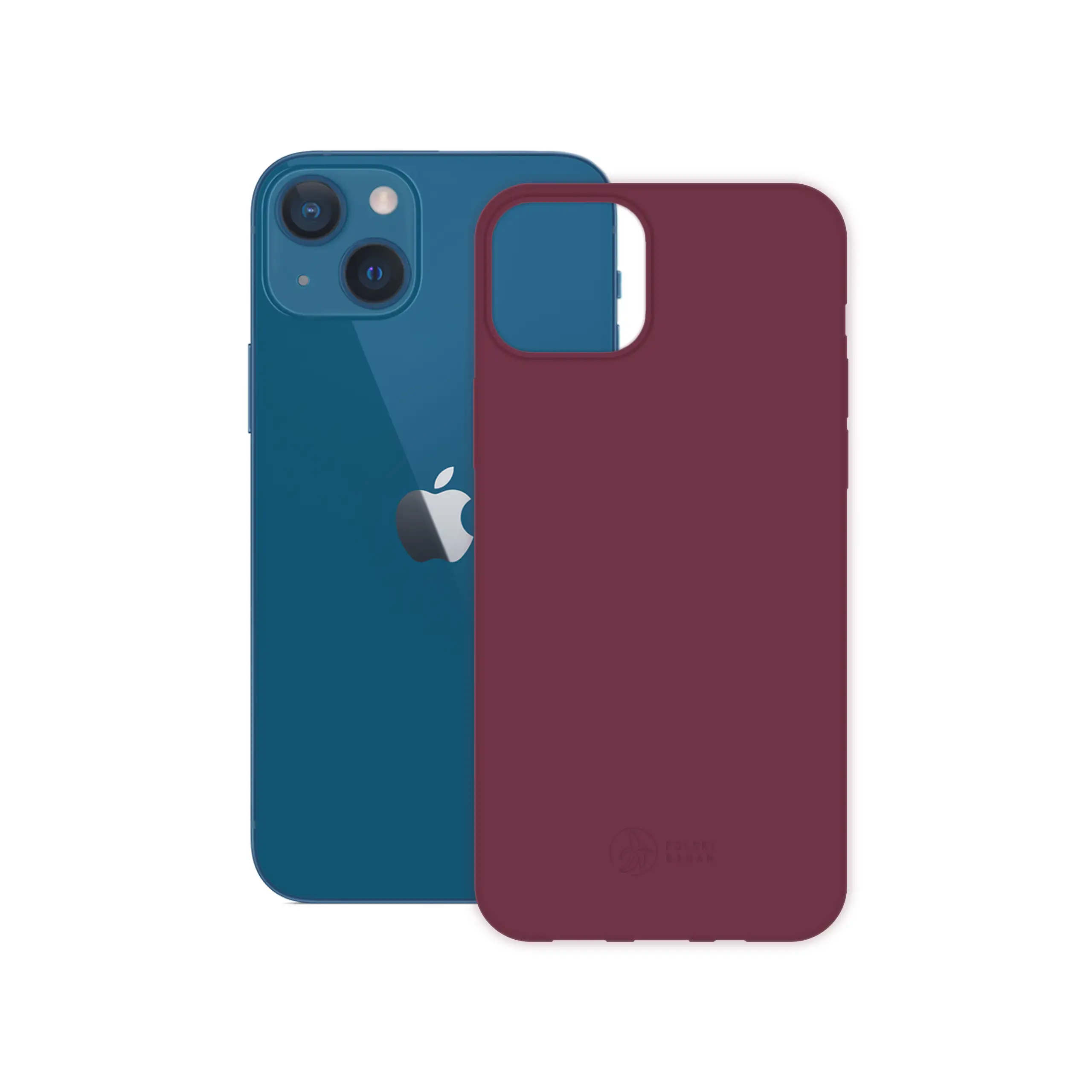Etui silikonowe matowe wiśniowe Polski Banan obok telefonu Apple iPhone 13