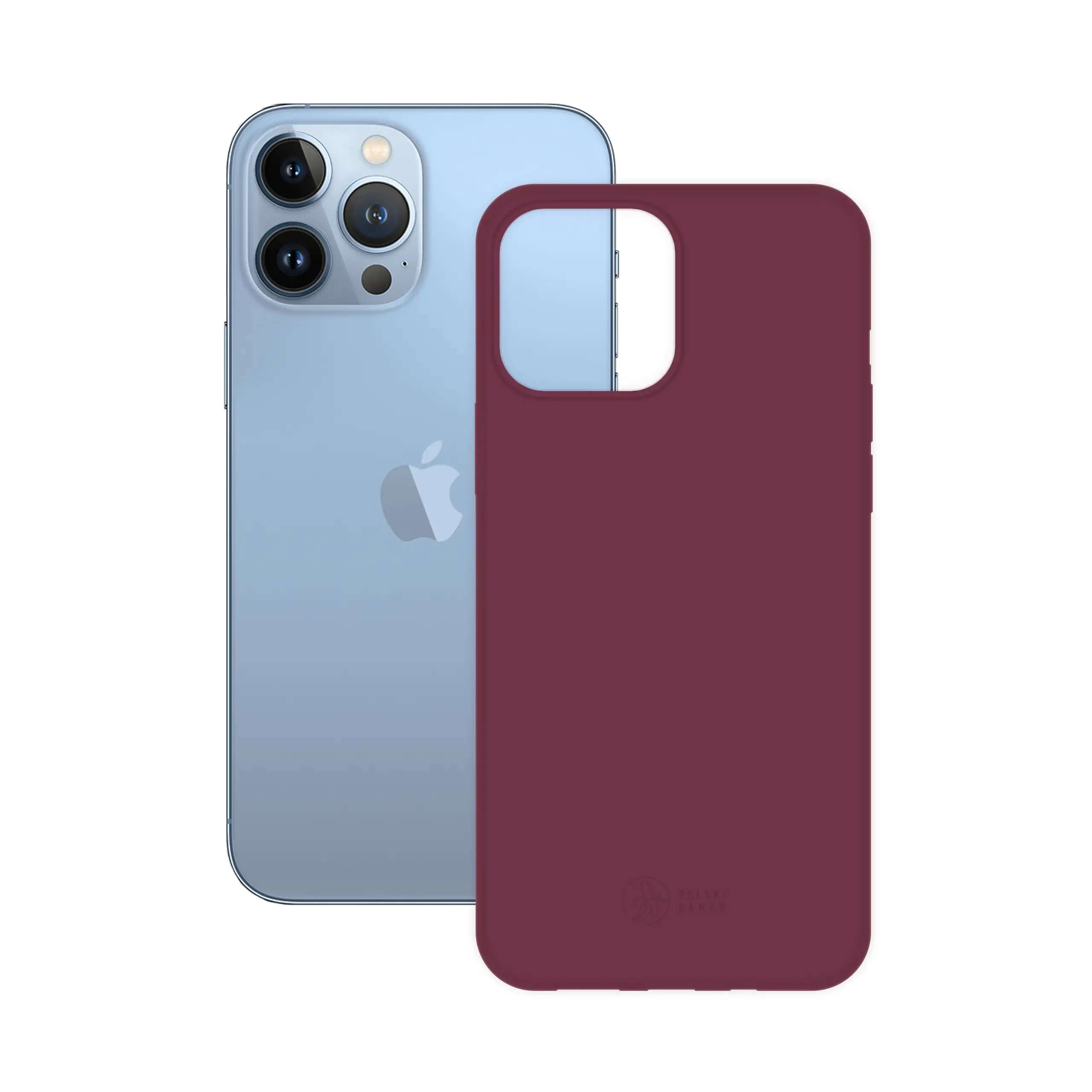 Etui silikonowe matowe wiśniowe Polski Banan obok telefonu Apple iPhone 13 Pro Max