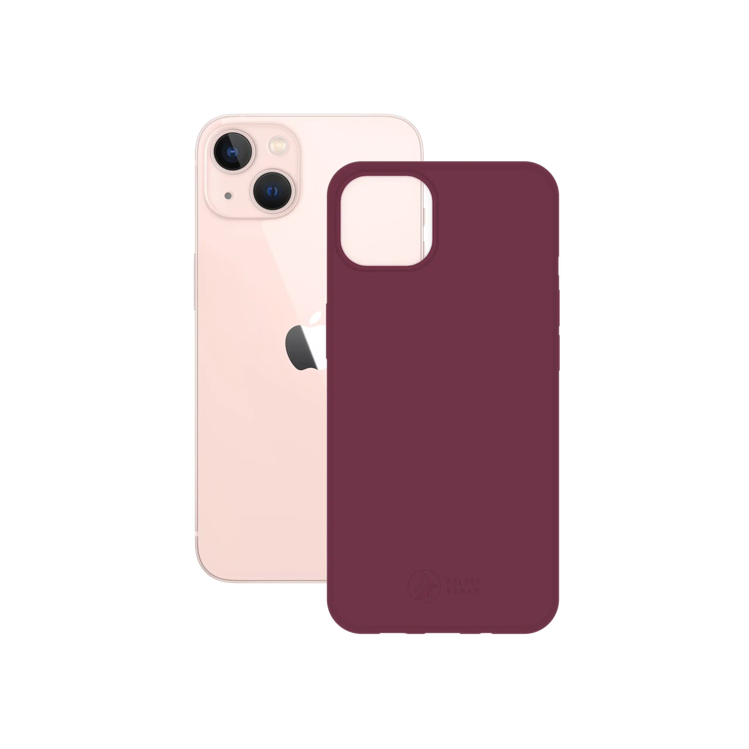 Etui silikonowe matowe wiśniowe Polski Banan obok telefonu Apple iPhone 13 mini