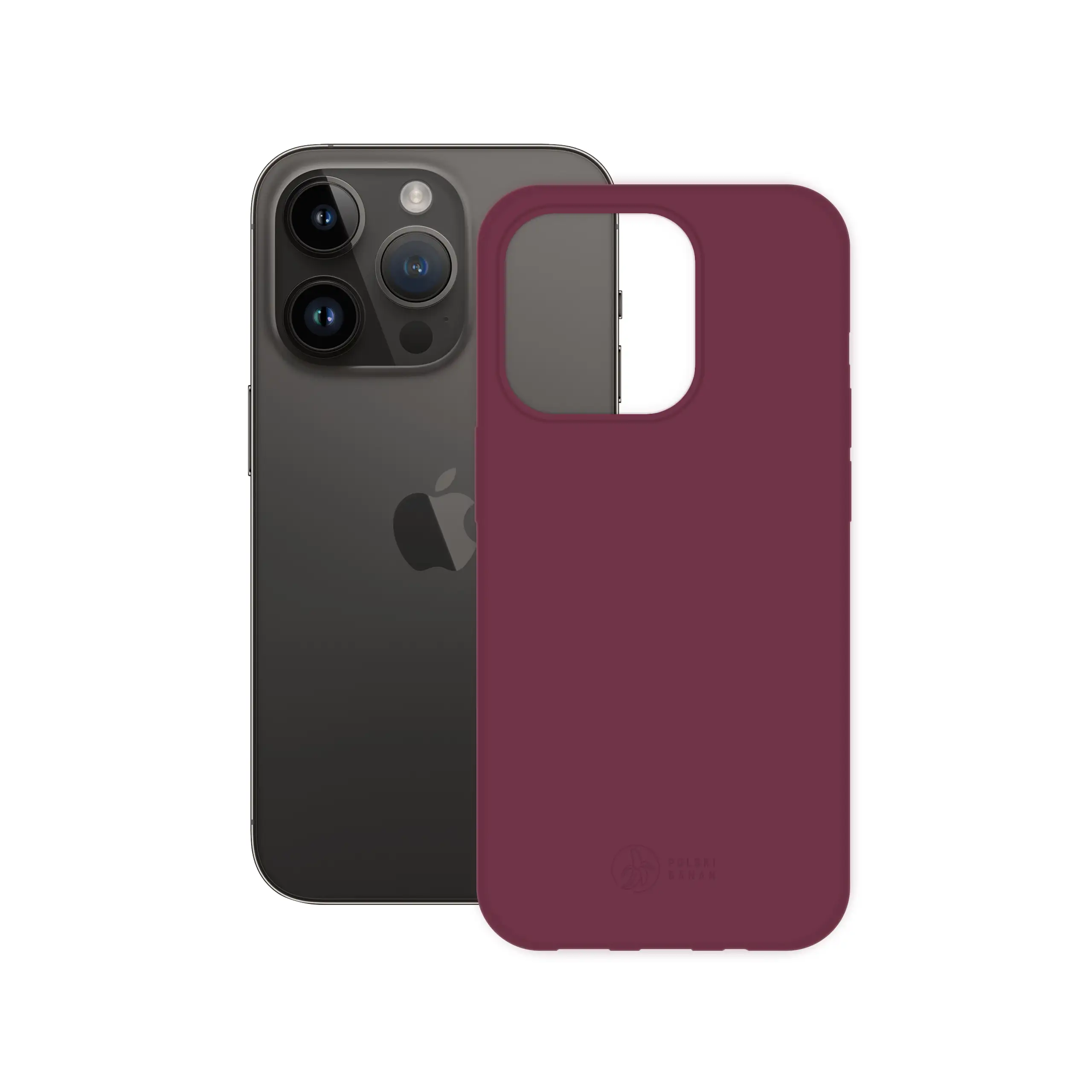 Etui silikonowe matowe wiśniowe Polski Banan obok telefonu Apple iPhone 14 Pro