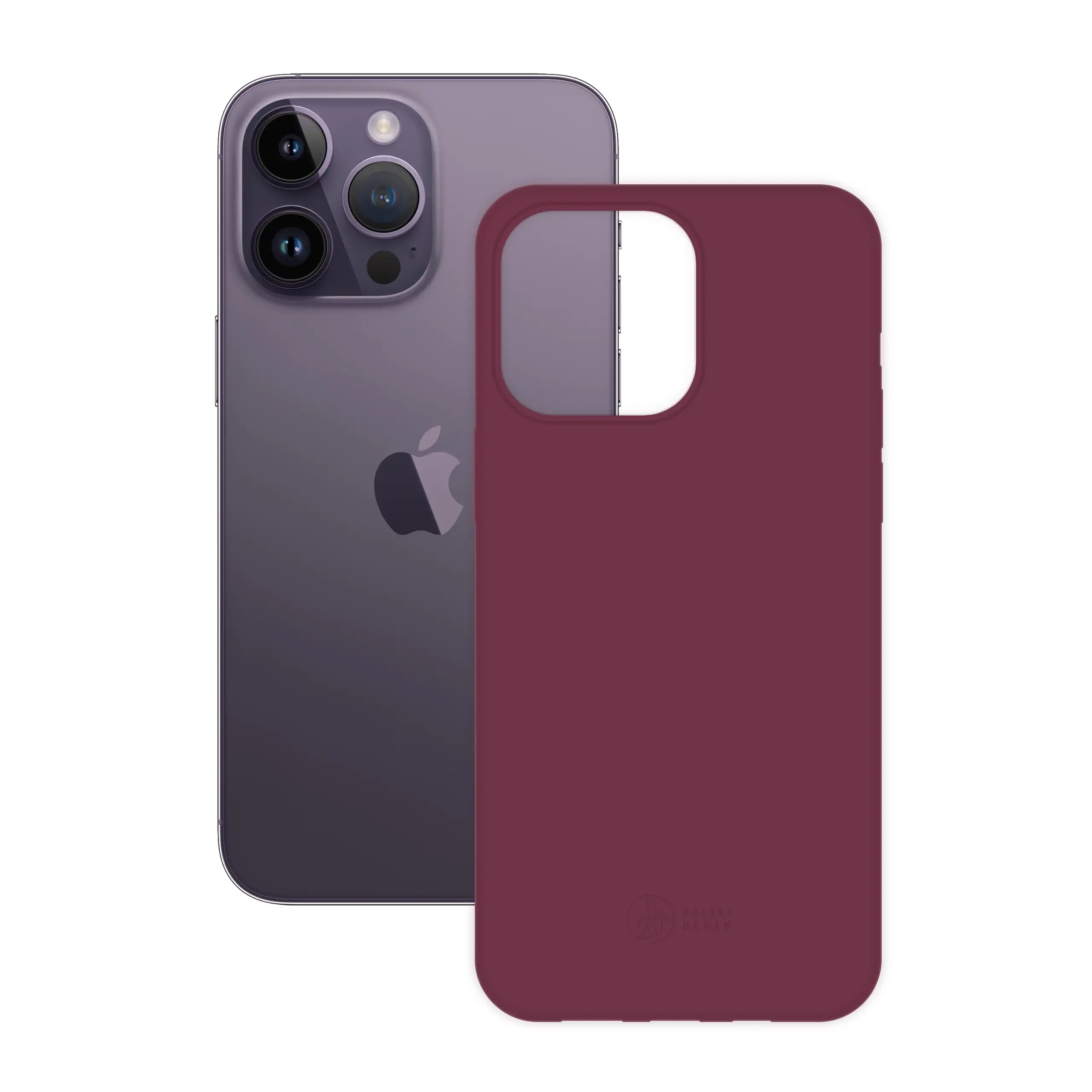 Etui silikonowe matowe wiśniowe Polski Banan obok telefonu Apple iPhone 14 Pro Max