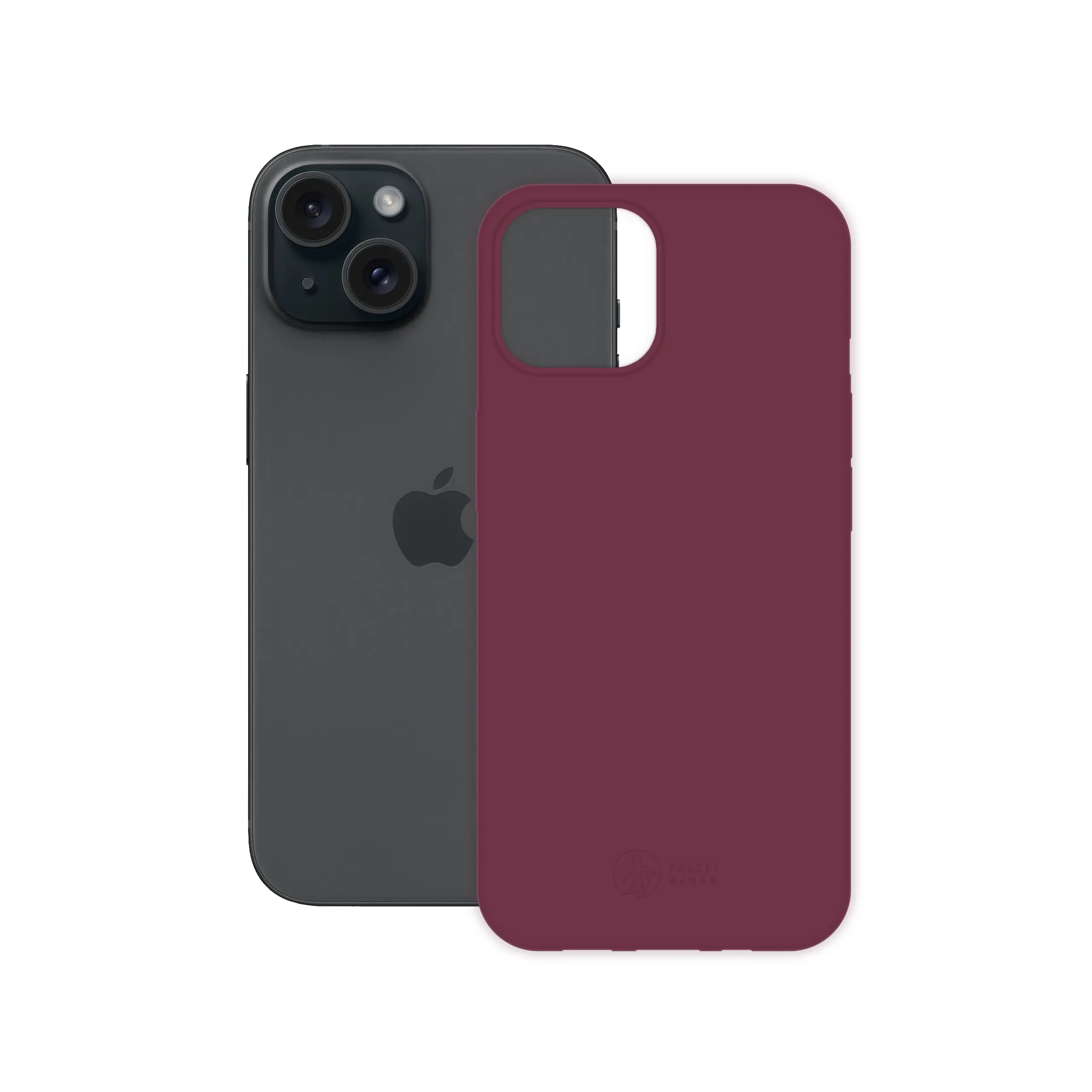 Etui silikonowe matowe wiśniowe Polski Banan obok telefonu Apple iPhone 15