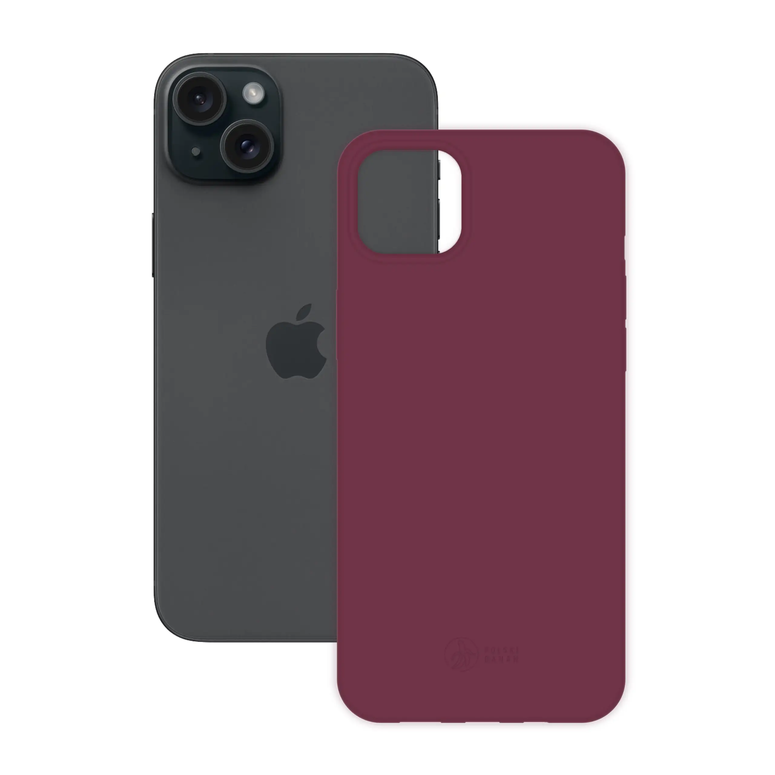 Etui silikonowe matowe wiśniowe Polski Banan obok telefonu Apple iPhone 15 Plus