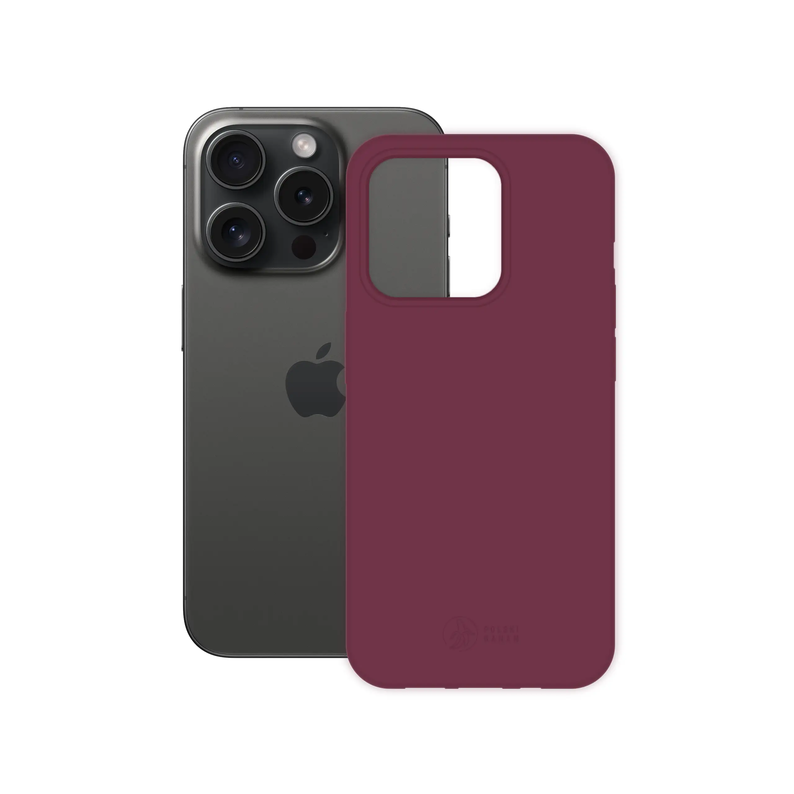 Etui silikonowe matowe wiśniowe Polski Banan obok telefonu Apple iPhone 15 Pro