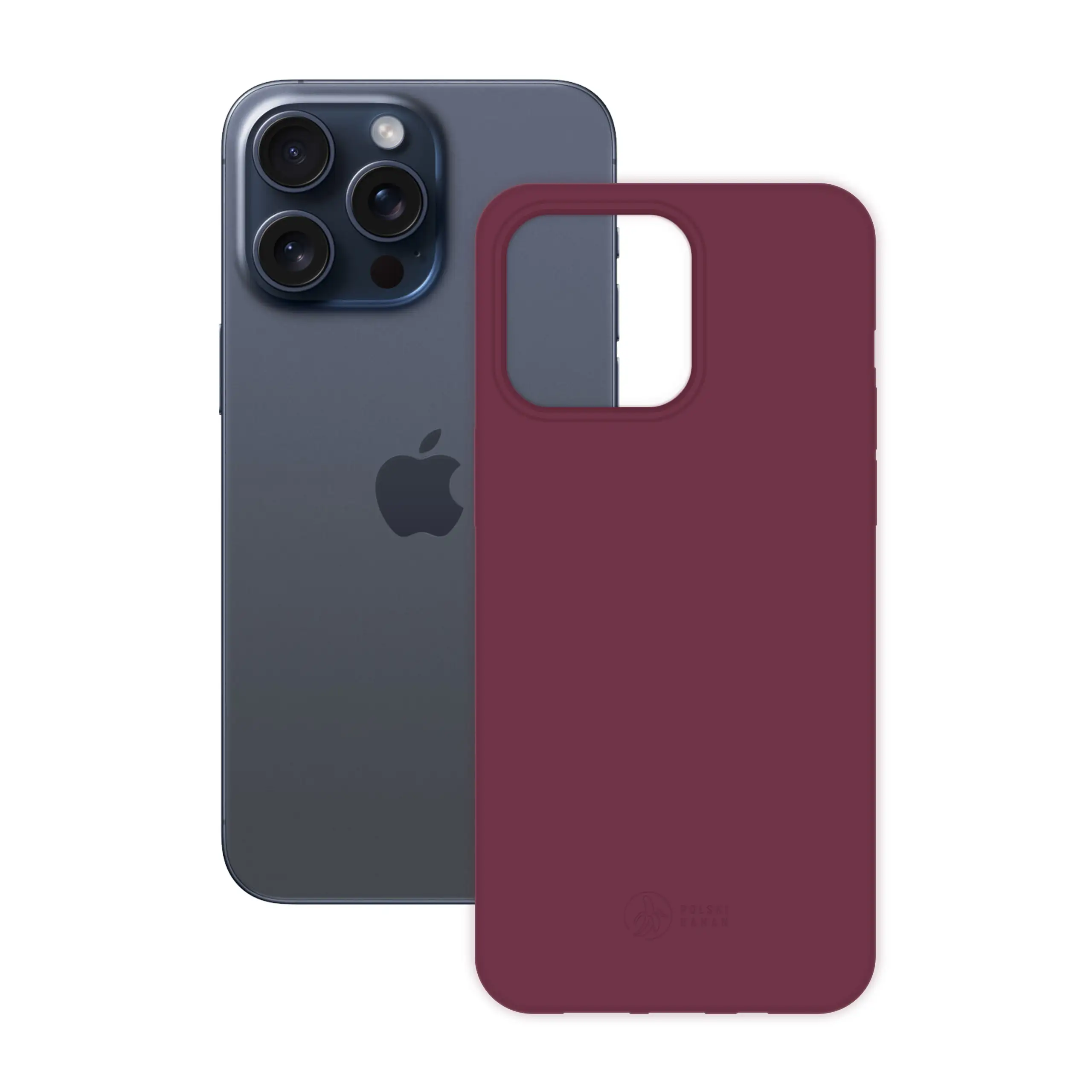 Etui silikonowe matowe wiśniowe Polski Banan obok telefonu Apple iPhone 15 Pro Max