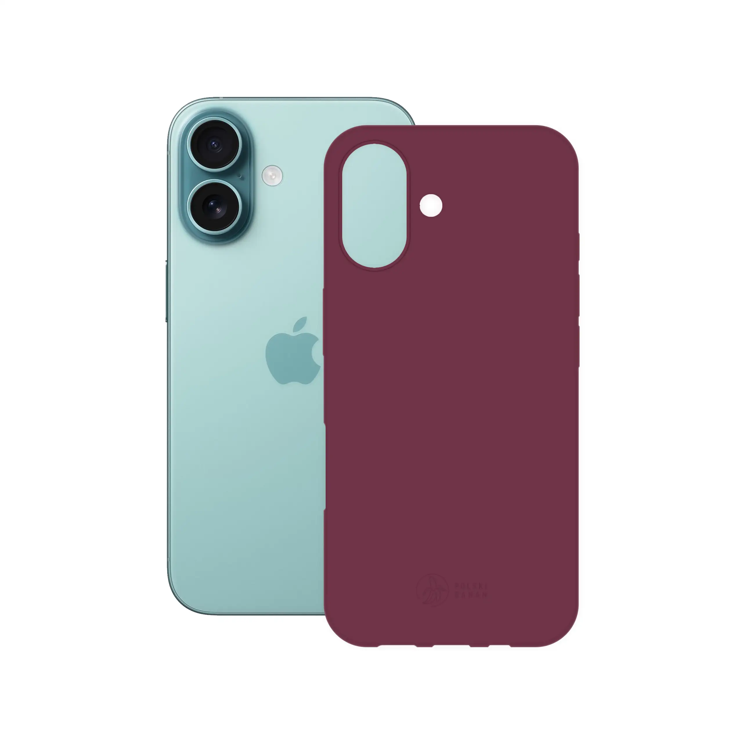 Etui silikonowe matowe wiśniowe Polski Banan obok telefonu Apple iPhone 16